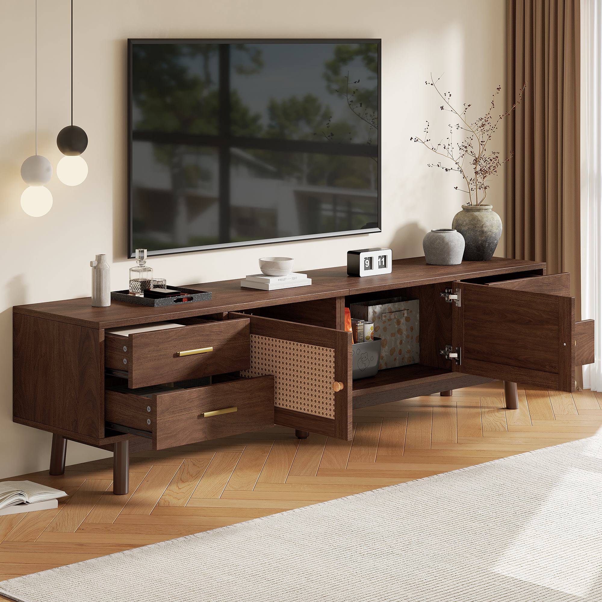 70inch Modern TV Stand With Rattan Doors For TVs Up To 80  , Media Console With Storage Space, 4 Drawers & Cable Holes, Entertainment Center For Living Room
