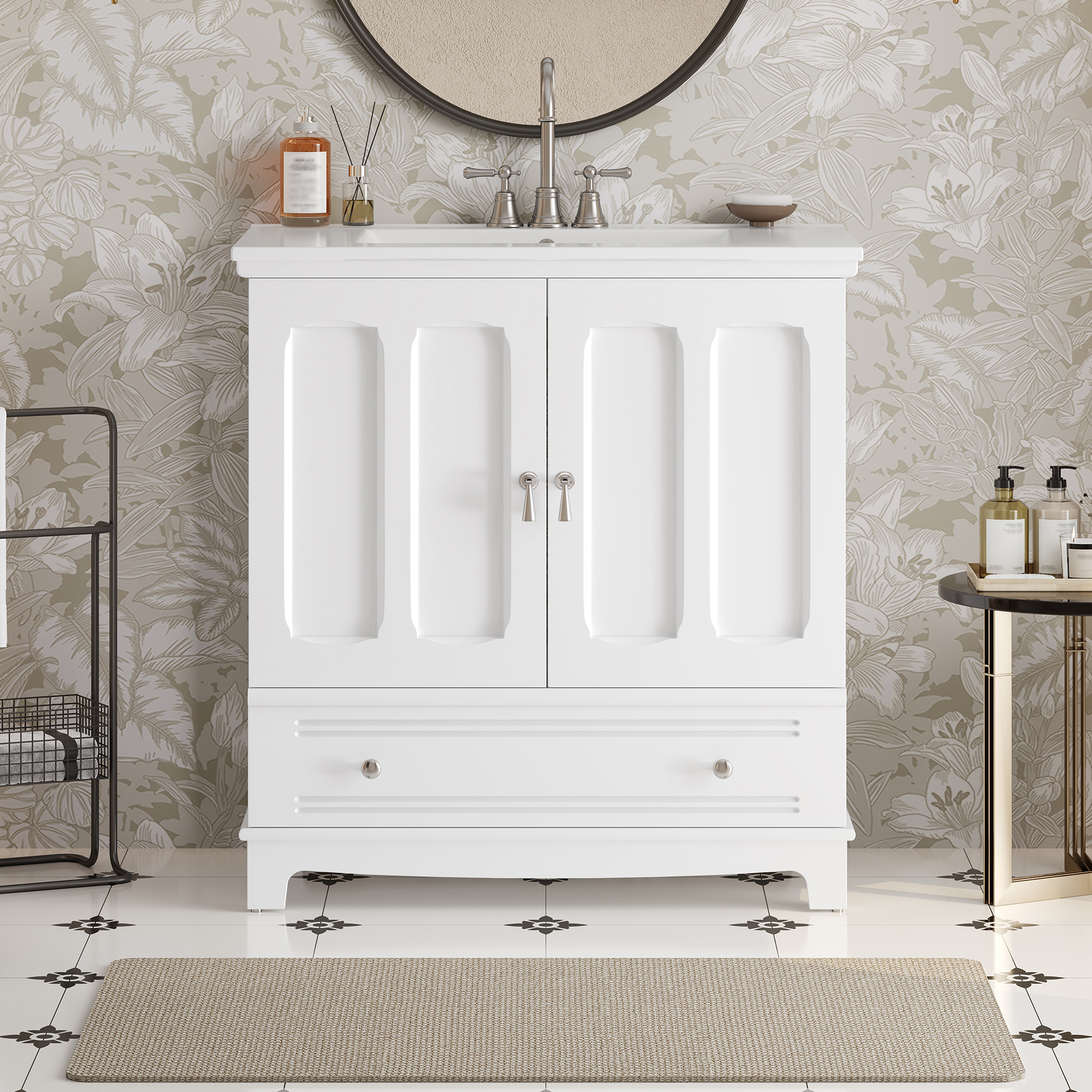 30 Bathroom Vanity With Ceramic Sink, Solid Wood Frame Bathroom Sink Cabinet With Adjustable Shelf, Drawer With Divider, Solid Wood Feet