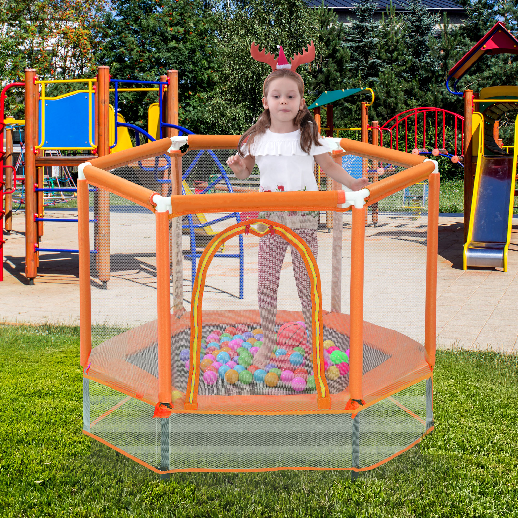 55 Toddlers Trampoline With Safety Enclosure Net And Balls, Indoor Outdoor Mini Trampoline For Kids