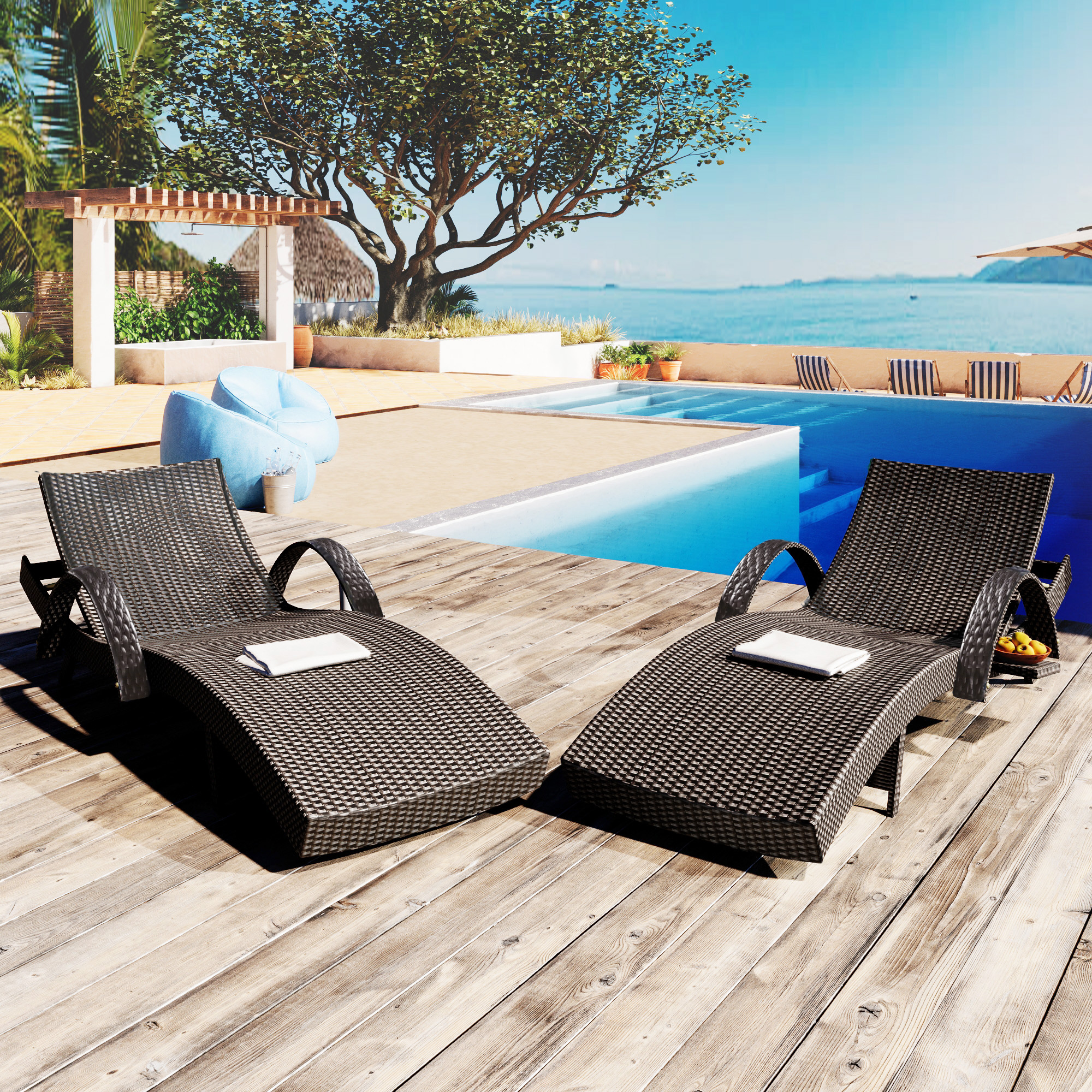 K&K 80   Outdoor Wicker Chaise Lounge Chairs Set Of 2, Patio Rattan Reclining Chair Pull-out Side Table W   5 - Level Adjustable Backrest Ergonomic Wave Design Pool Sunbathing Recliners, Dark Brown