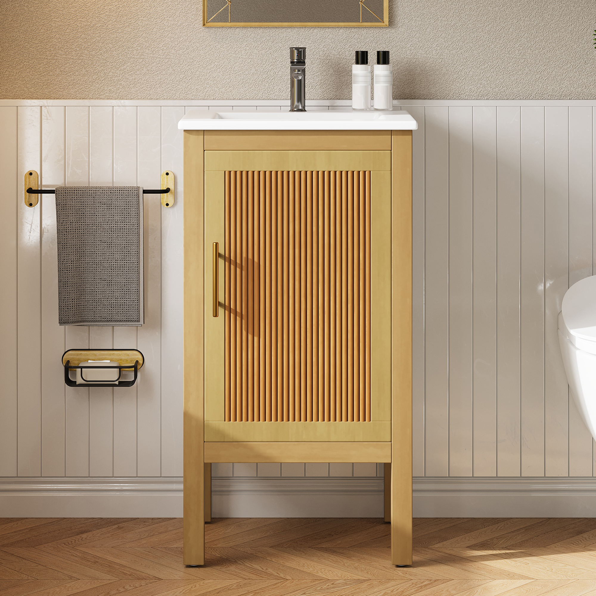 18   Bathroom Cabinet With Storage, Small Space Solution With Ceramic Sink, Adjustable Shelf, Soft-Closing Hinges