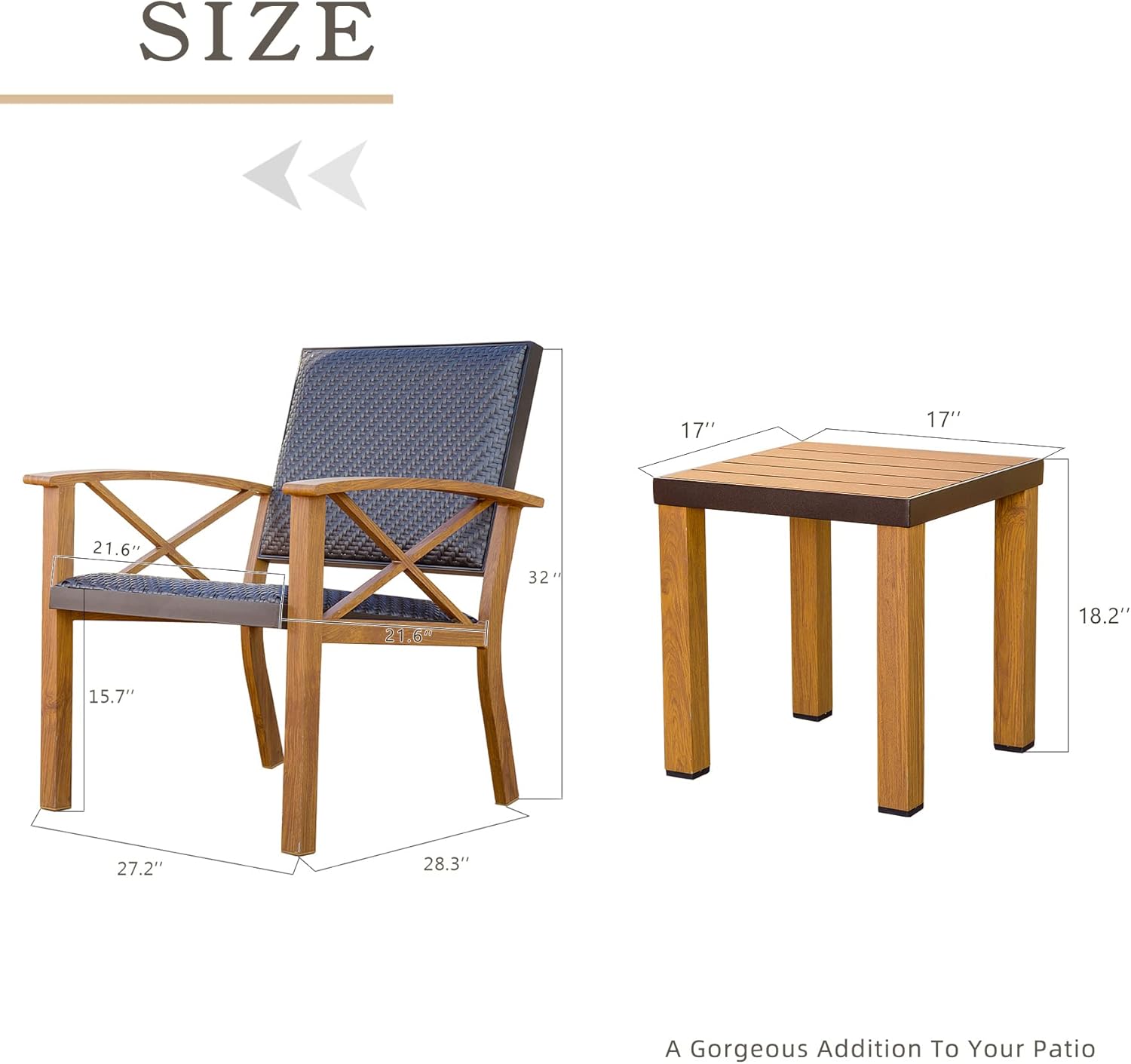 Patio Bistro Set 3 Pieces With Wood Grain Aluminum Wicker Padded Porch Chairs,Coffee Table,Outdoor Conversation Set With Beige Waterproof Pillows