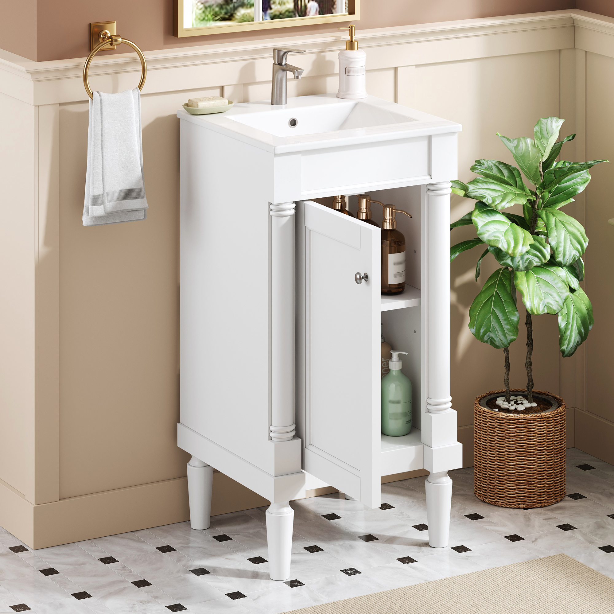 18   French Style Bathroom Cabinet With Storage, Small Space Solution With Ceramic Sink, Adjustable Shelf, Soft-Closing Hinges