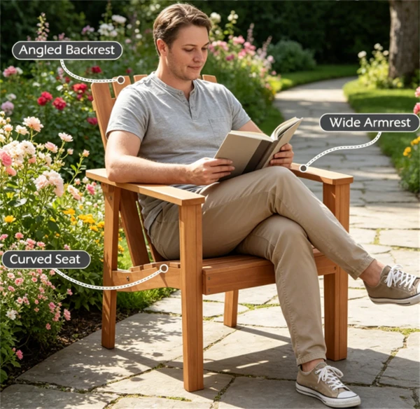 Natural Finish Acacia Wood Adirondack Chair, Ergonomic Backrest & Extra Armrests Heavy Duty Outdoor Lounge Chair For Garden Lawn Gathering