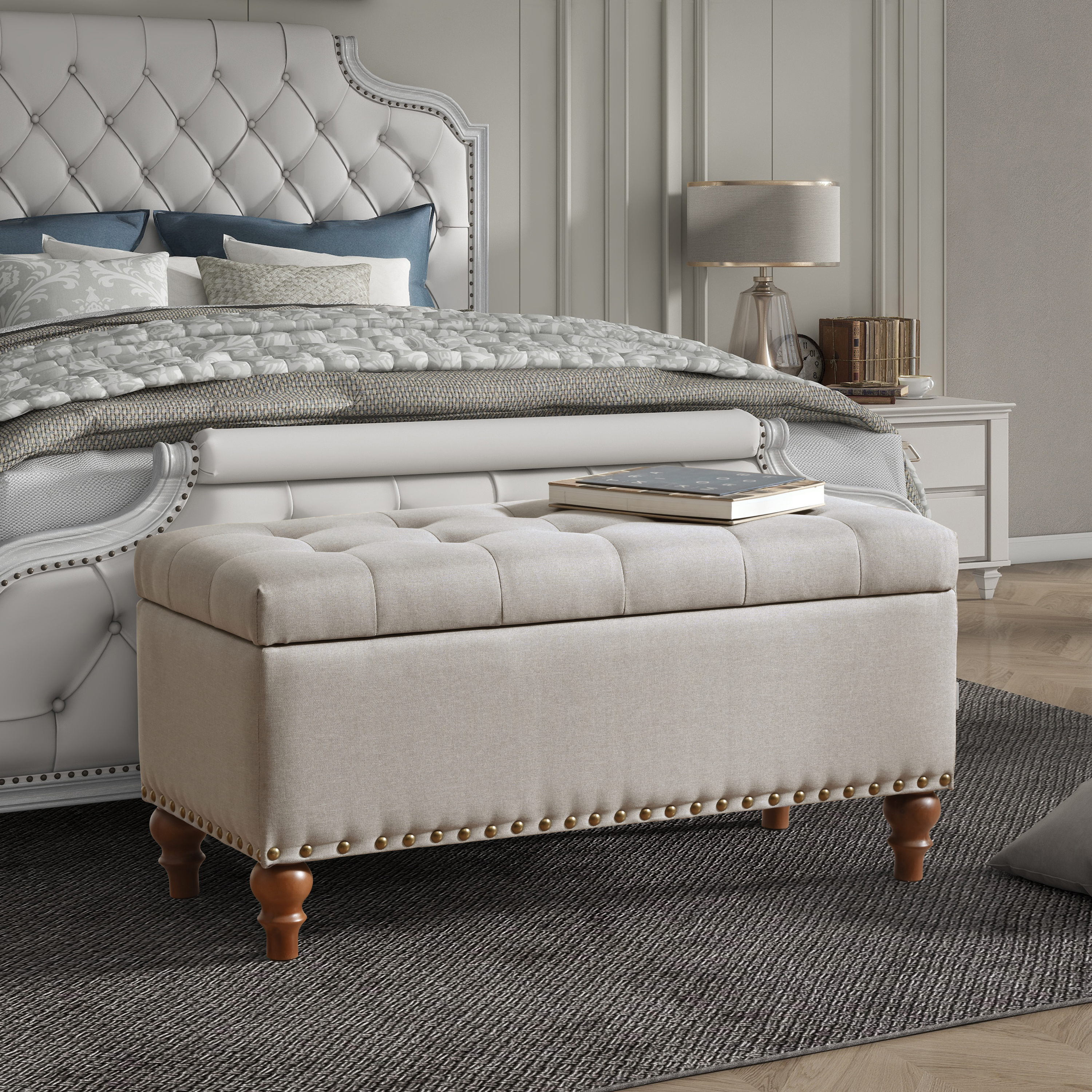 Ottoman Storage Bench, Recessed Support Hinge Top Easy To Open, Rivet Trim Around, Bedroom, Entrance, Living Room, Linen Beige