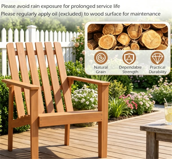 Natural Finish Acacia Wood Adirondack Chair, Ergonomic Backrest & Extra Armrests Heavy Duty Outdoor Lounge Chair For Garden Lawn Gathering