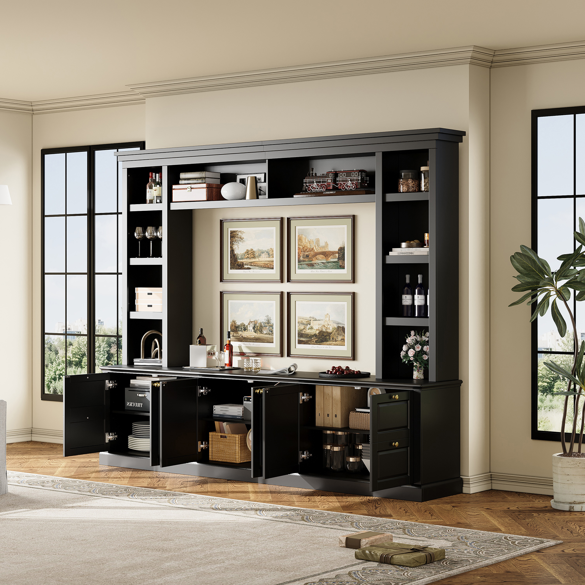 All-in-One Modern TV Stand With Bookcase For TVs Up To 70 Inch, Entertainment Center With 3 Adjustable Shelves, For Living Room, Display Storage Cabinet, Ample Storage Space TV Stand