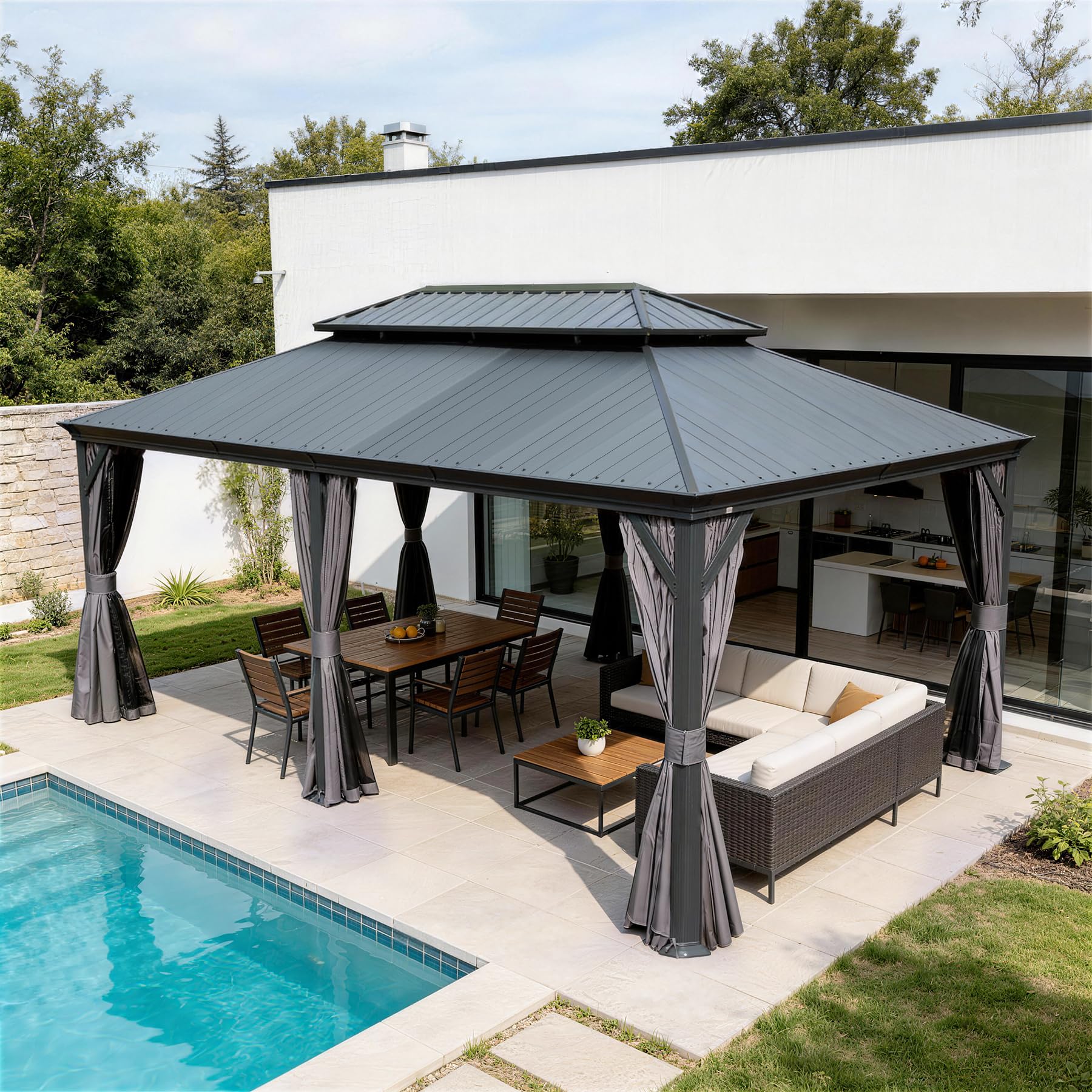 14 X22 Hardtop Gazebo With Resin Roof, Outdoor Metal Gazebo With Drainage Gutters, Permanent Heavy Duty Pavilion For Patio, Backyard And Deck, Curtains And Mosquito Netting Included