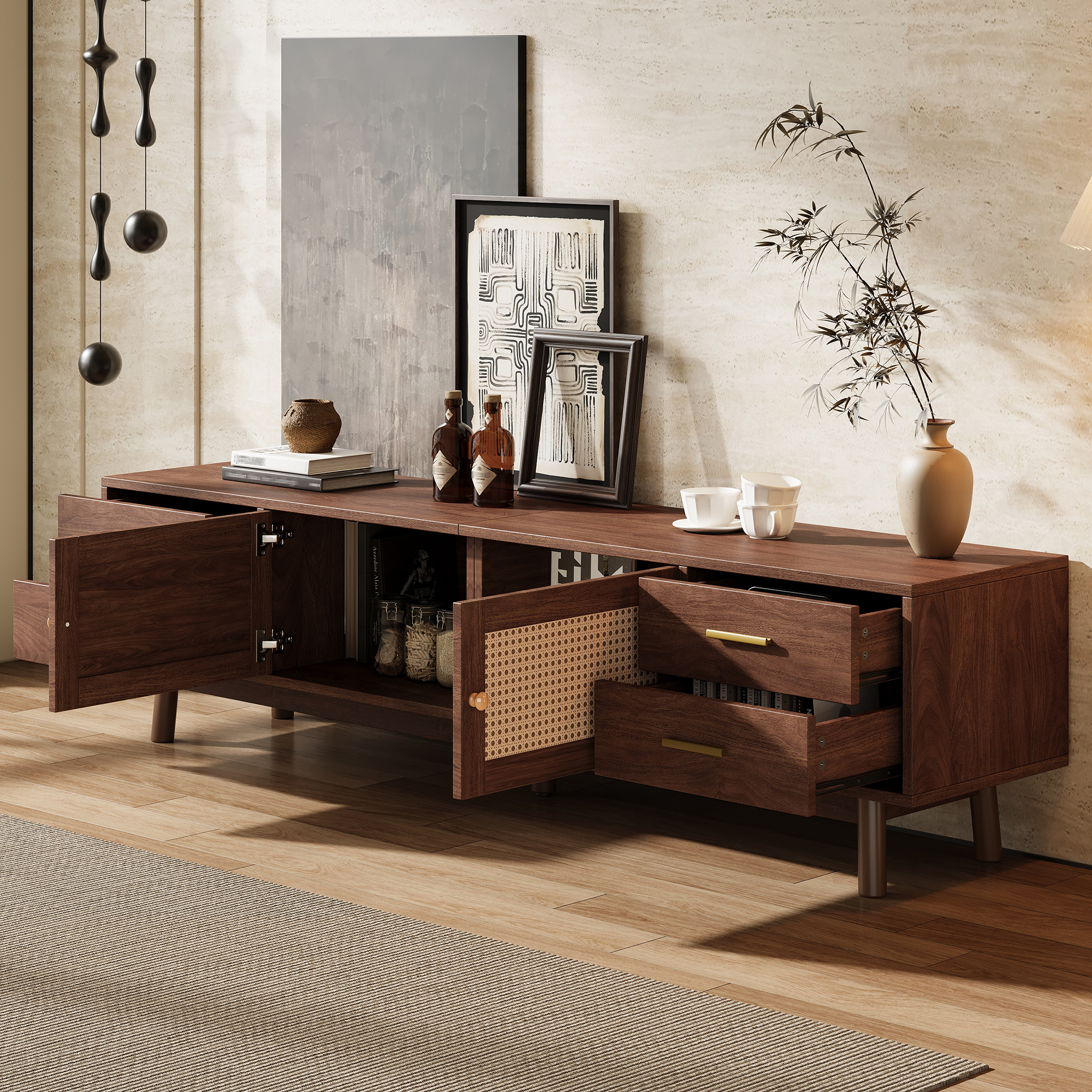 70inch Modern TV Stand With Rattan Doors For TVs Up To 80  , Media Console With Storage Space, 4 Drawers & Cable Holes, Entertainment Center For Living Room