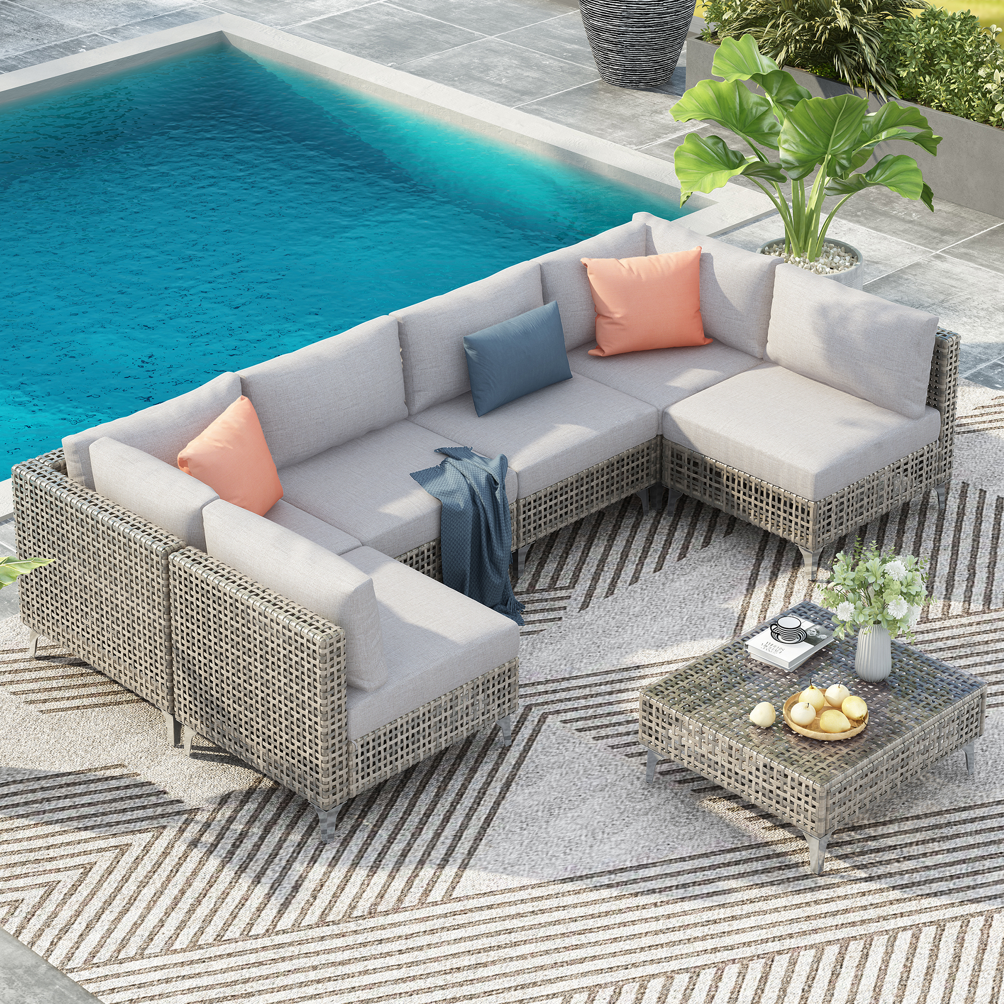 K&K 7-Piece Wicker Patio Furniture Set, Outdoor Conversation Set Sectional Sofa With Water Resistant Grey Thick Cushions And Coffee Table For Outdoor Couch, Porch, Backyard - Grey