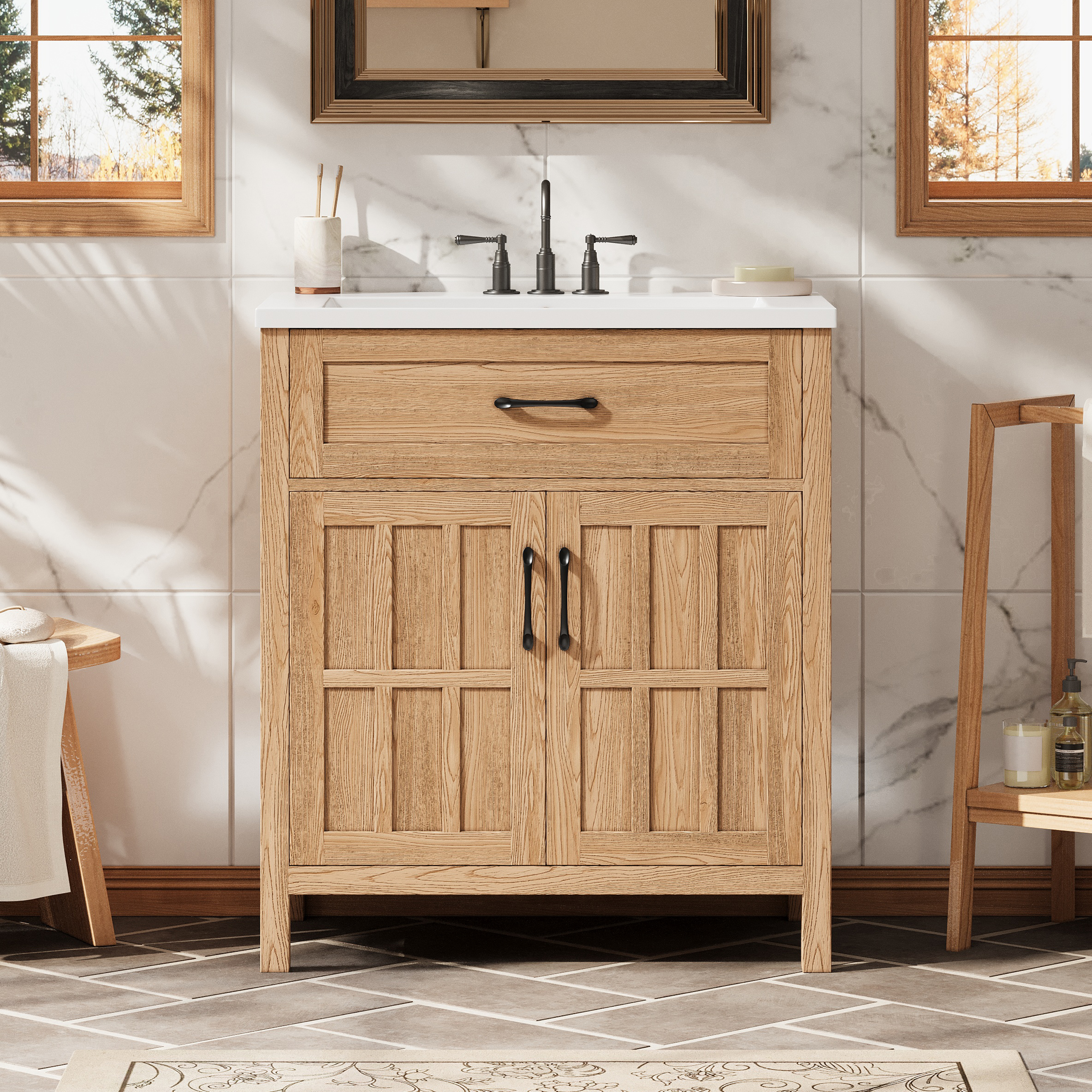 30 Bathroom Vanity With Resin Sink, Solid Wood Frame Bathroom Sink Cabinet With Adjustable Shelf, Cabinet Door Organizers, Natural Wood Grain