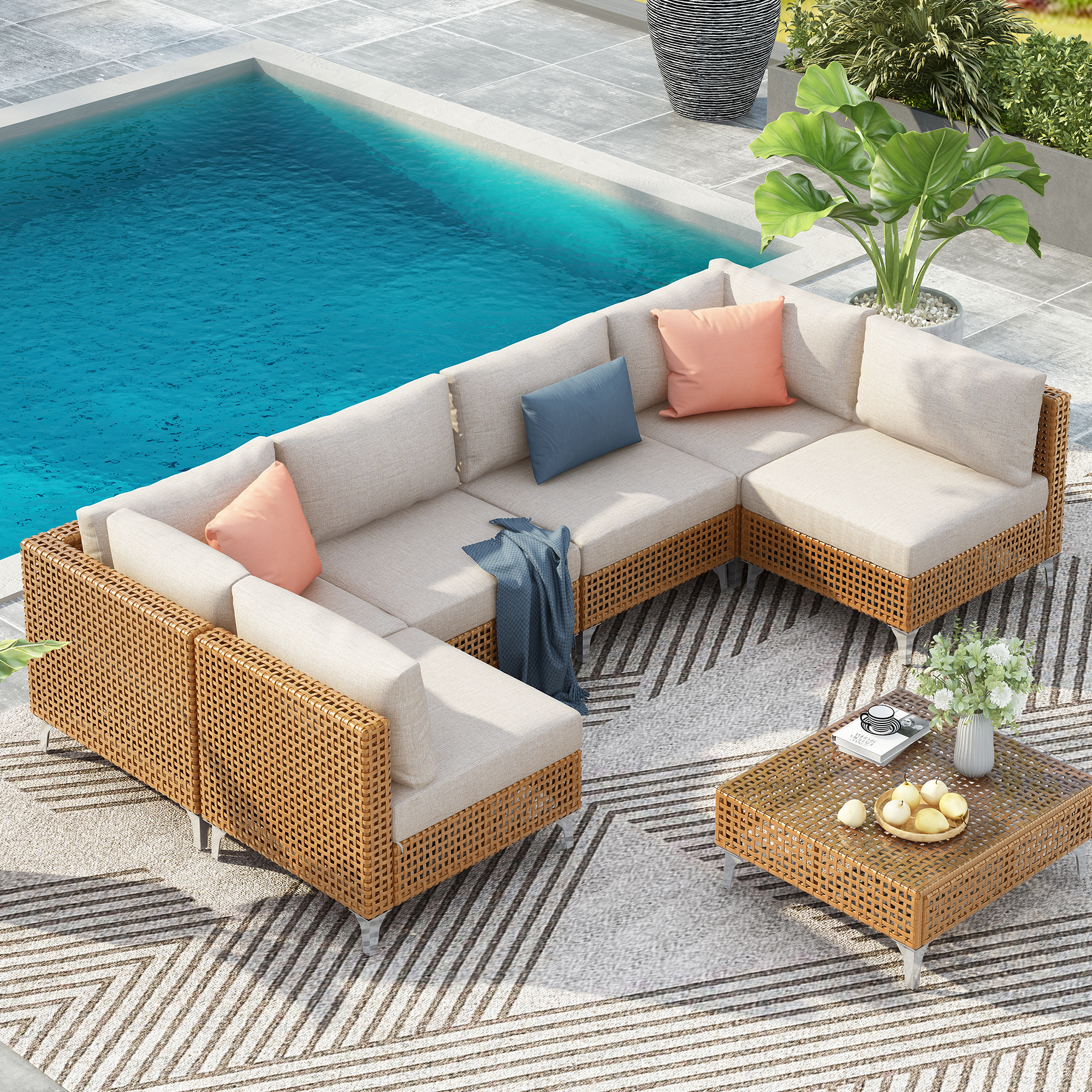 K&K 7-Piece Wicker Patio Furniture Set, Outdoor Conversation Set Sectional Sofa With Water Resistant Beige Thick Cushions And Coffee Table For Outdoor Couch, Porch, Backyard - Beige