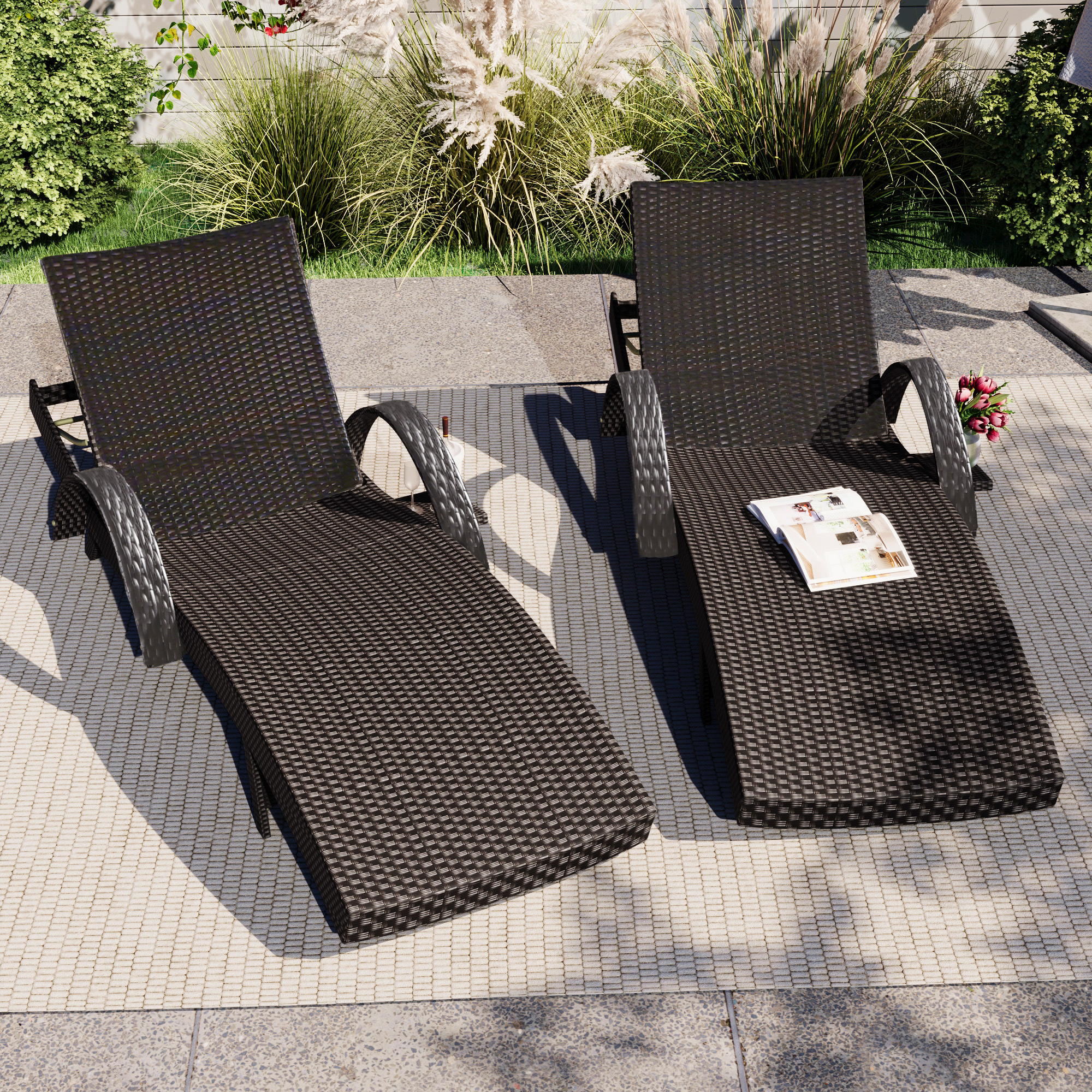 K&K 80   Outdoor Wicker Chaise Lounge Chairs Set Of 2, Patio Rattan Reclining Chair Pull-out Side Table W   5 - Level Adjustable Backrest Ergonomic Wave Design Pool Sunbathing Recliners, Dark Brown
