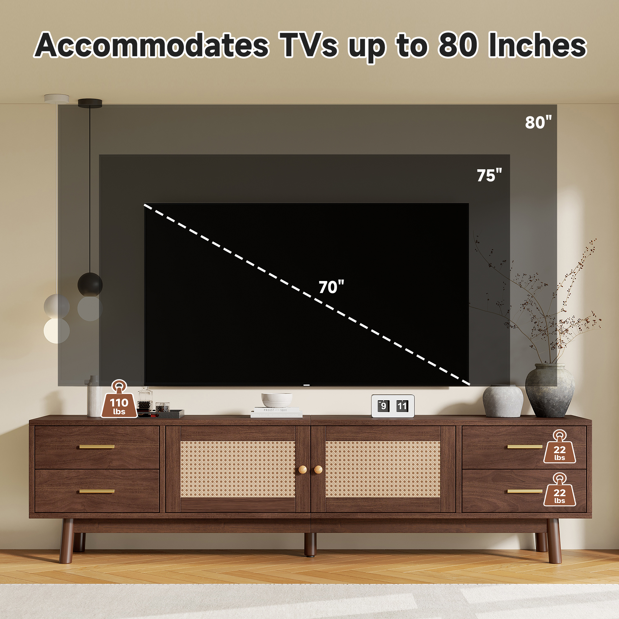 70inch Modern TV Stand With Rattan Doors For TVs Up To 80  , Media Console With Storage Space, 4 Drawers & Cable Holes, Entertainment Center For Living Room