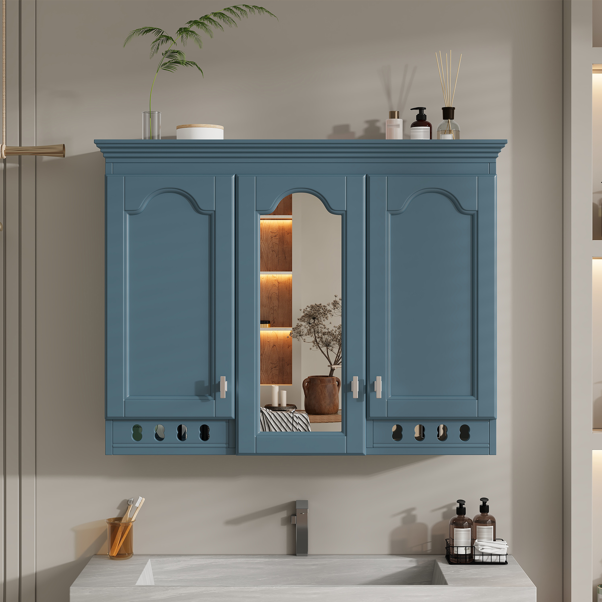 35 Inch Wall-Mount All-in-One Mirror Cabinet With Adjustable Shelves, Soft-Closing Hinges, For Bathroom Vanity, Living Room, Bedroom Storage Organizer