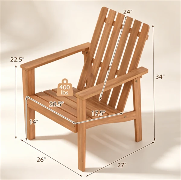 Natural Finish Acacia Wood Adirondack Chair, Ergonomic Backrest & Extra Armrests Heavy Duty Outdoor Lounge Chair For Garden Lawn Gathering