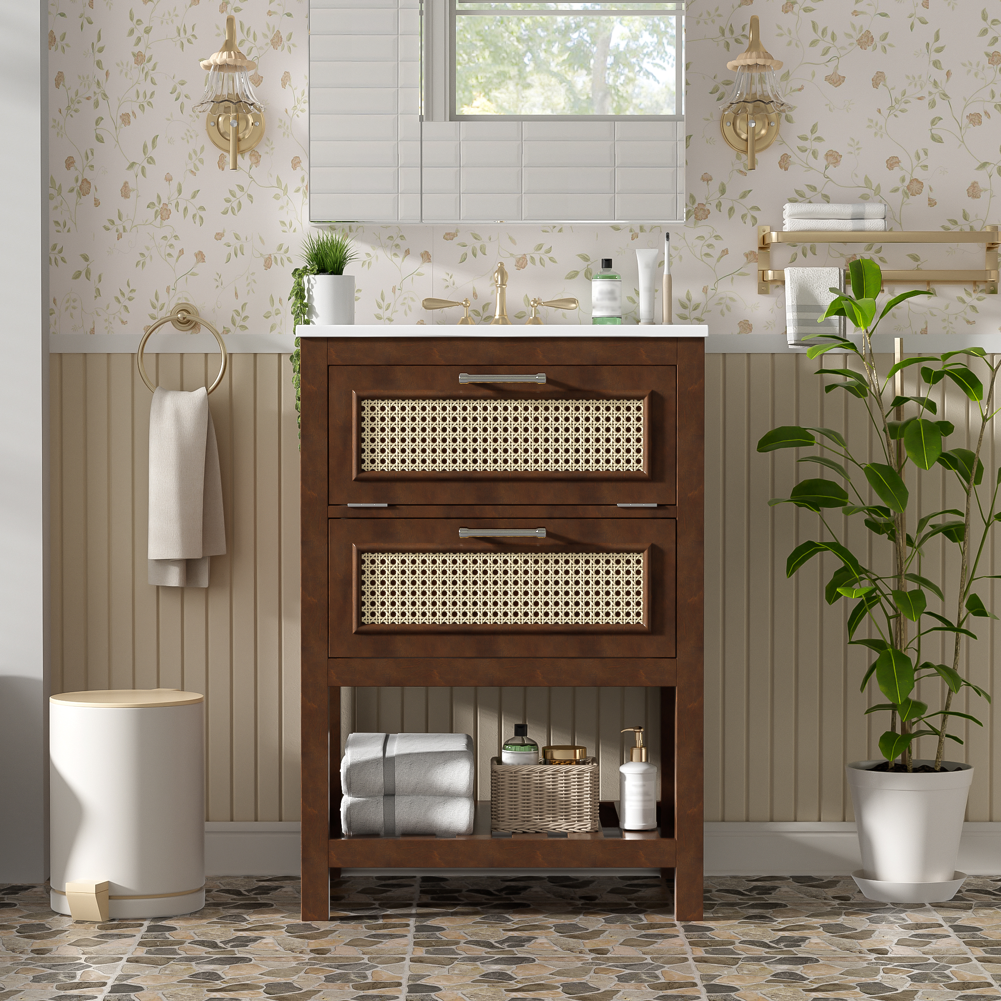 24 Bathroom Vanity With Integrated Ceramic Sink, Bathroom Cabinet With 1 Deep Drawer, 1 Tip-Out Drawer, Single Sink Bathroom Vanity For Small And Medium Restroom