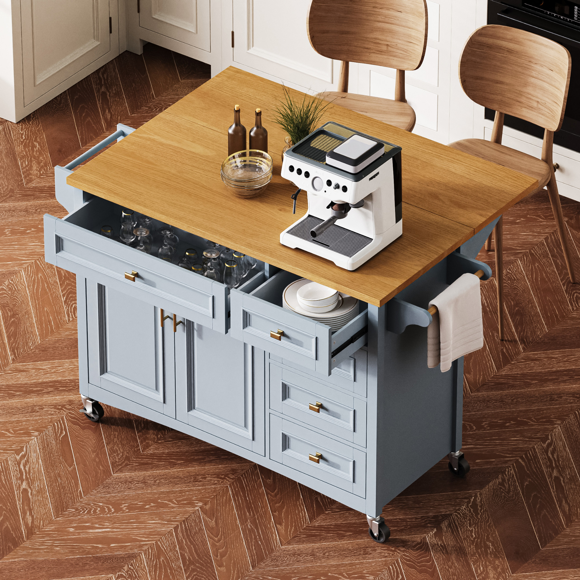 K&K 52 Kitchen Island With Drop Leaf, Embossed Texture Kitchen Island On Wheels With Spice Rack, Towel Rack, 2 Doors And 5 Drawers, Kitchen Storage Cart With Adjustable Shelf For Kitchen, Blue Grey