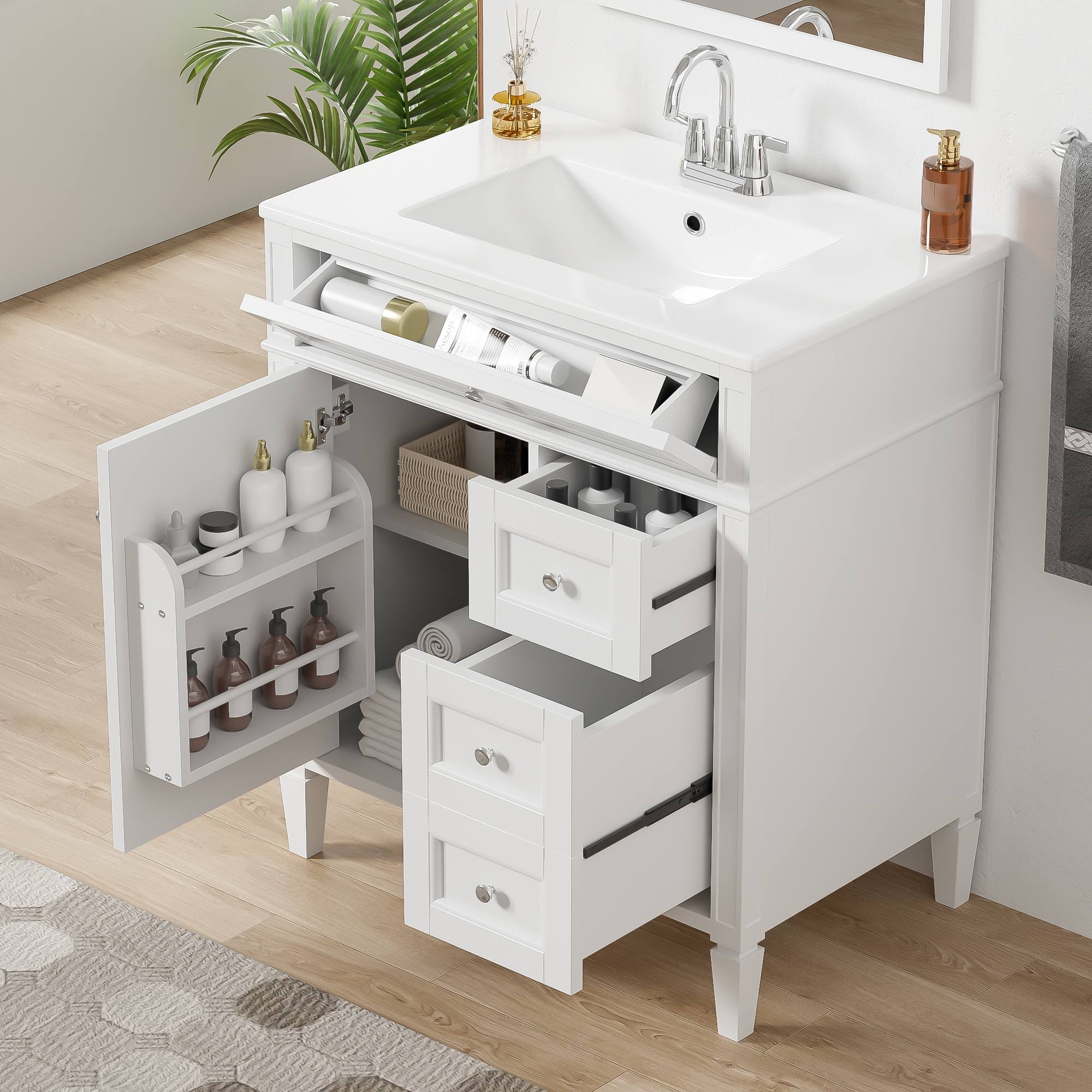 30 Bathroom Vanity With Top Sink, Modern Bathroom Storage Cabinet With 2 Drawers And A Tip-out Drawer, Single Sink Bathroom Vanity