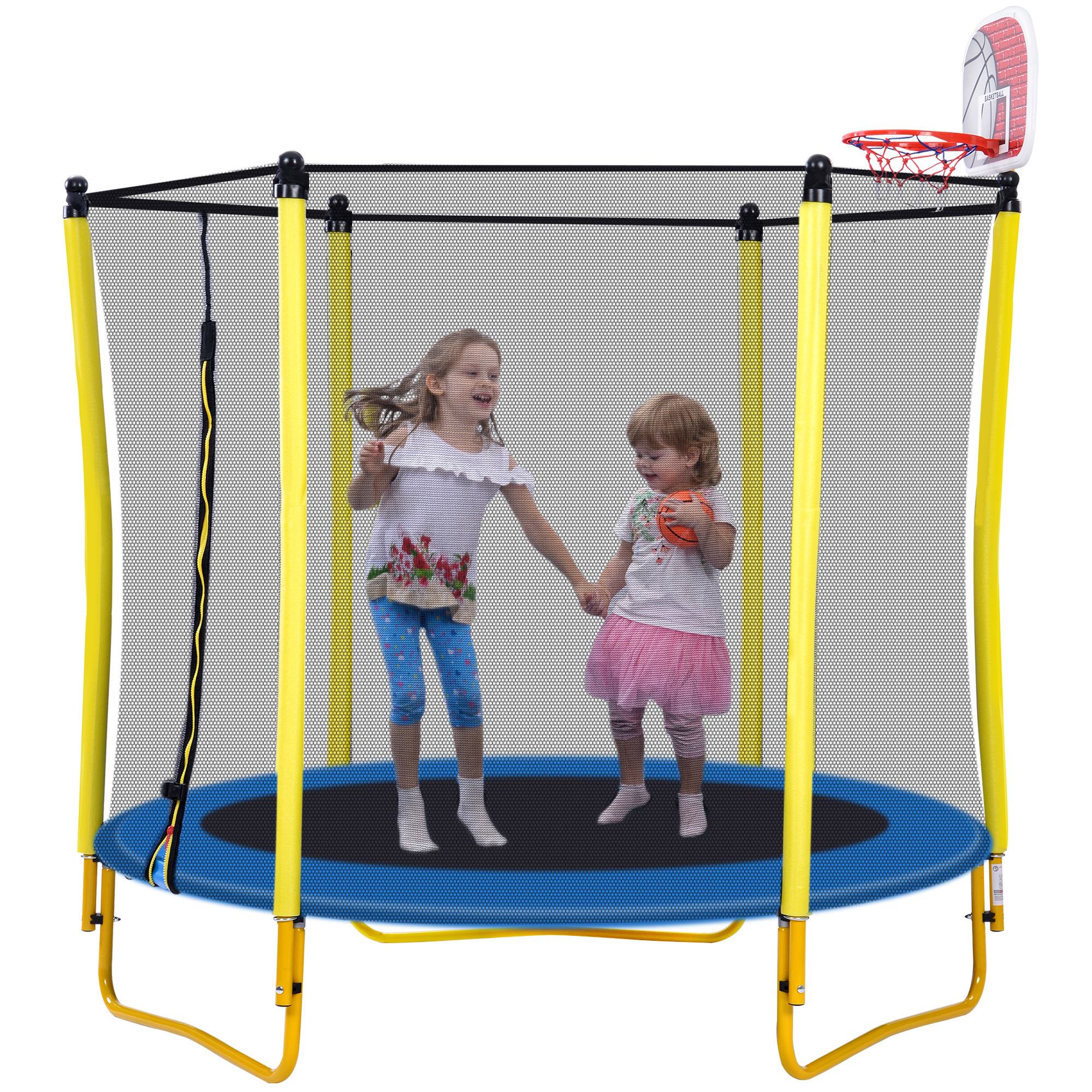 5.5FT Trampoline For Kids - 65   Outdoor & Indoor Mini Toddler Trampoline With Enclosure, Basketball Hoop And Ball Included