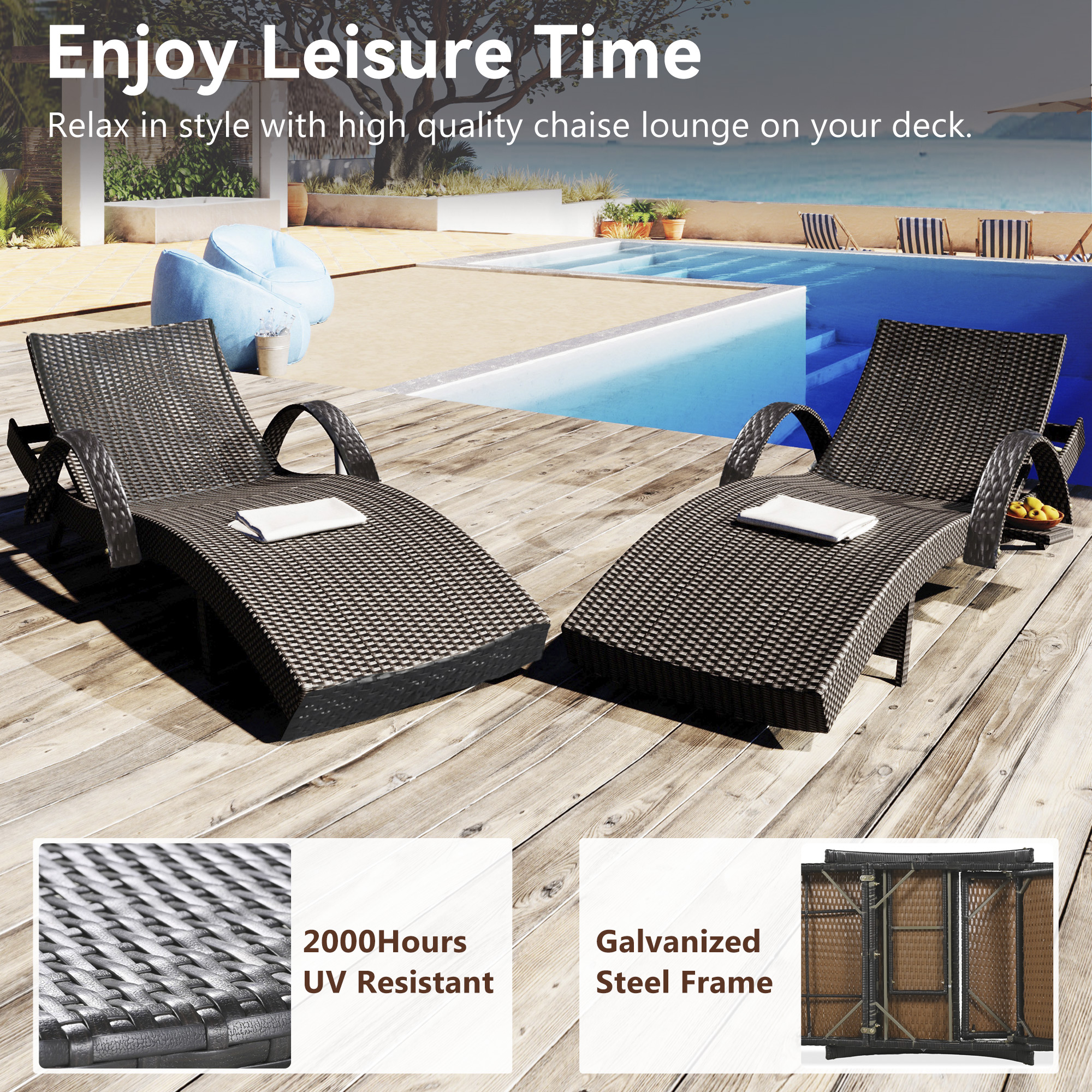 K&K 80   Outdoor Wicker Chaise Lounge Chairs Set Of 2, Patio Rattan Reclining Chair Pull-out Side Table W   5 - Level Adjustable Backrest Ergonomic Wave Design Pool Sunbathing Recliners, Dark Brown
