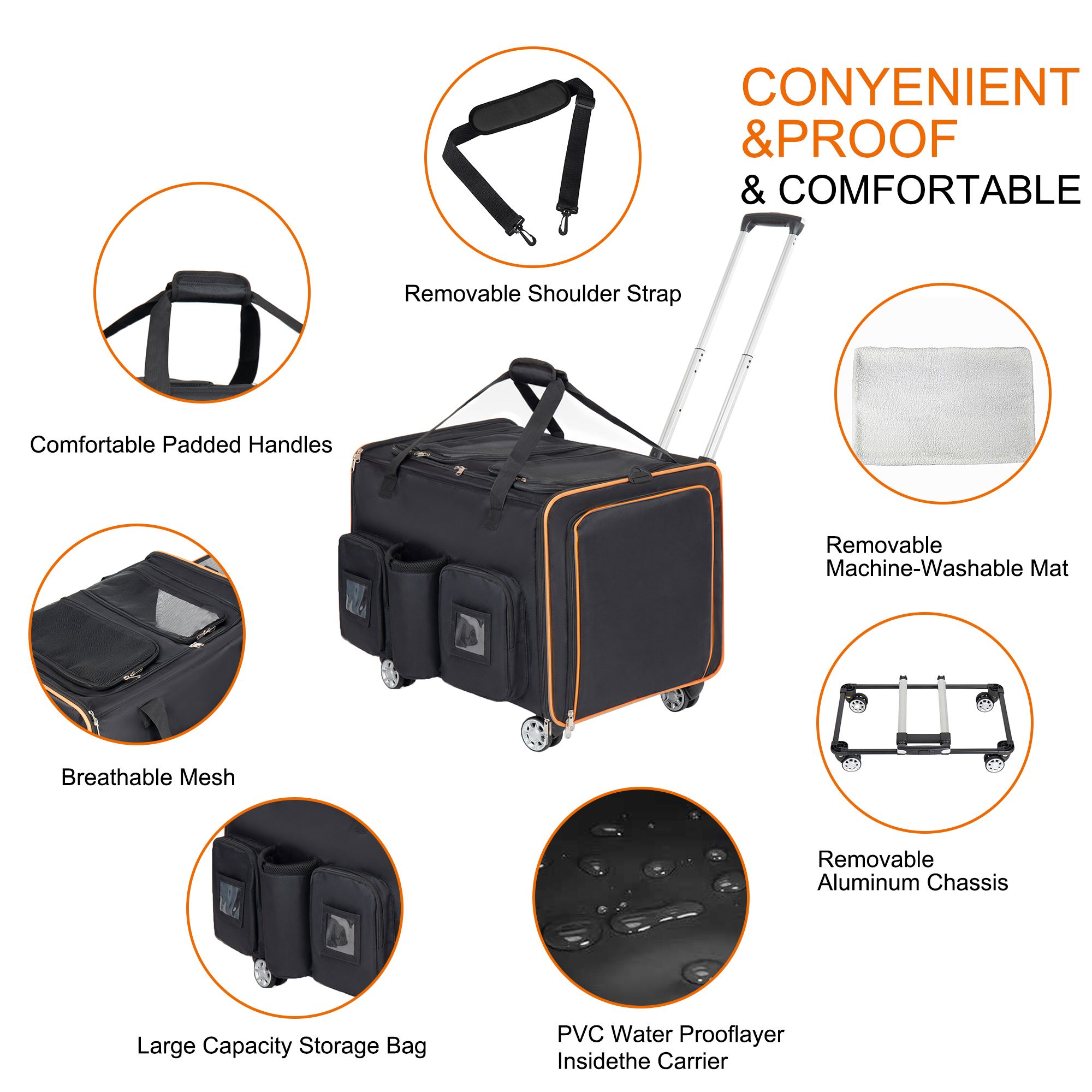 2 In 1 Large Cat Carrier For 2 Cats,Rolling Pet Carrier With Wheels,Expandable Foldable Double Pet Carrier With Removable Divider,Breathable Mesh Oxford,Cat Travel Crate For Car Camping Vet, Black