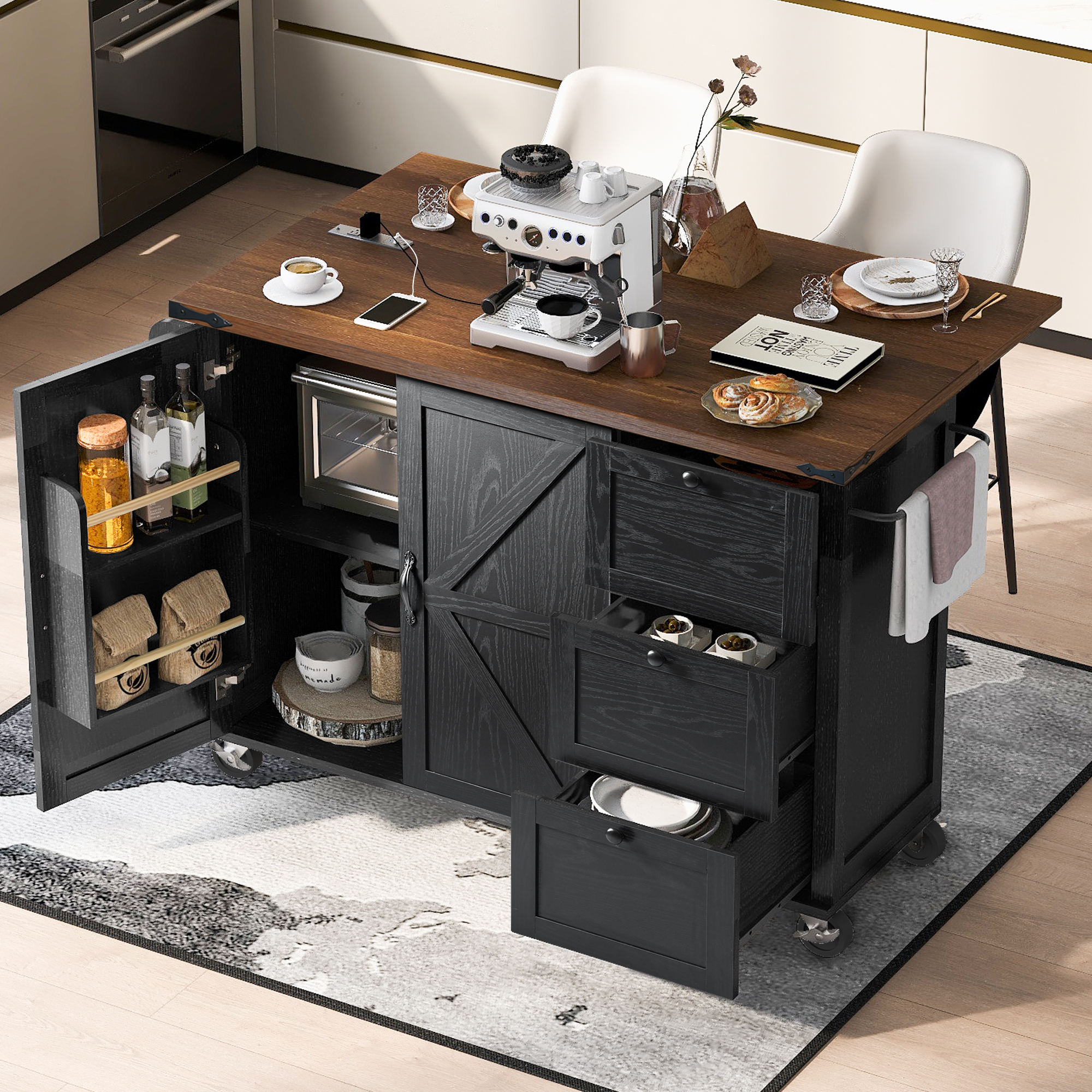 54.5 Farmhouse Kitchen Island With Power Outlet,Kitchen Storage Island With Internal Storage Rack,Drop Leaf,Spice Rack,Rolling Kitchen Cart On Wheels,for Home,Kitchen And Dining Room,Black
