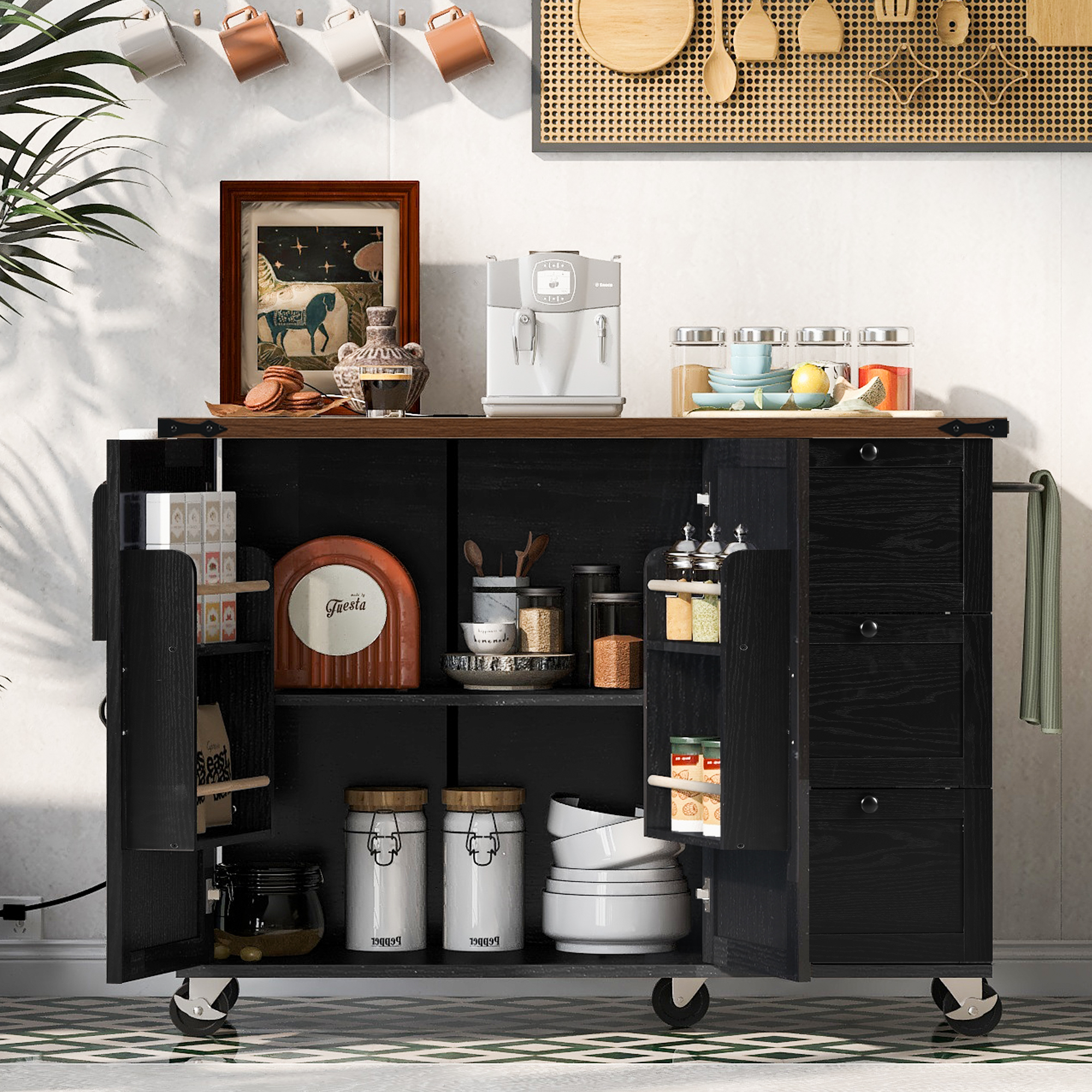 54.5 Farmhouse Kitchen Island With Power Outlet,Kitchen Storage Island With Internal Storage Rack,Drop Leaf,Spice Rack,Rolling Kitchen Cart On Wheels,for Home,Kitchen And Dining Room,Black