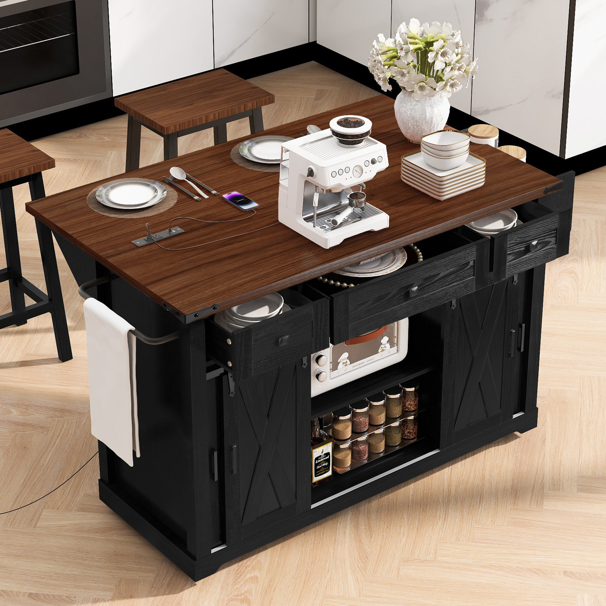 K&K 58 Farmhouse Kitchen Island With Storage,Sliding Barn Door & Metal Grid Side Door,Rolling Kitchen Island On 5 Wheels With Spice Rack, Glass Holders,Island Table With Drop Leaf For Kitchen,Black