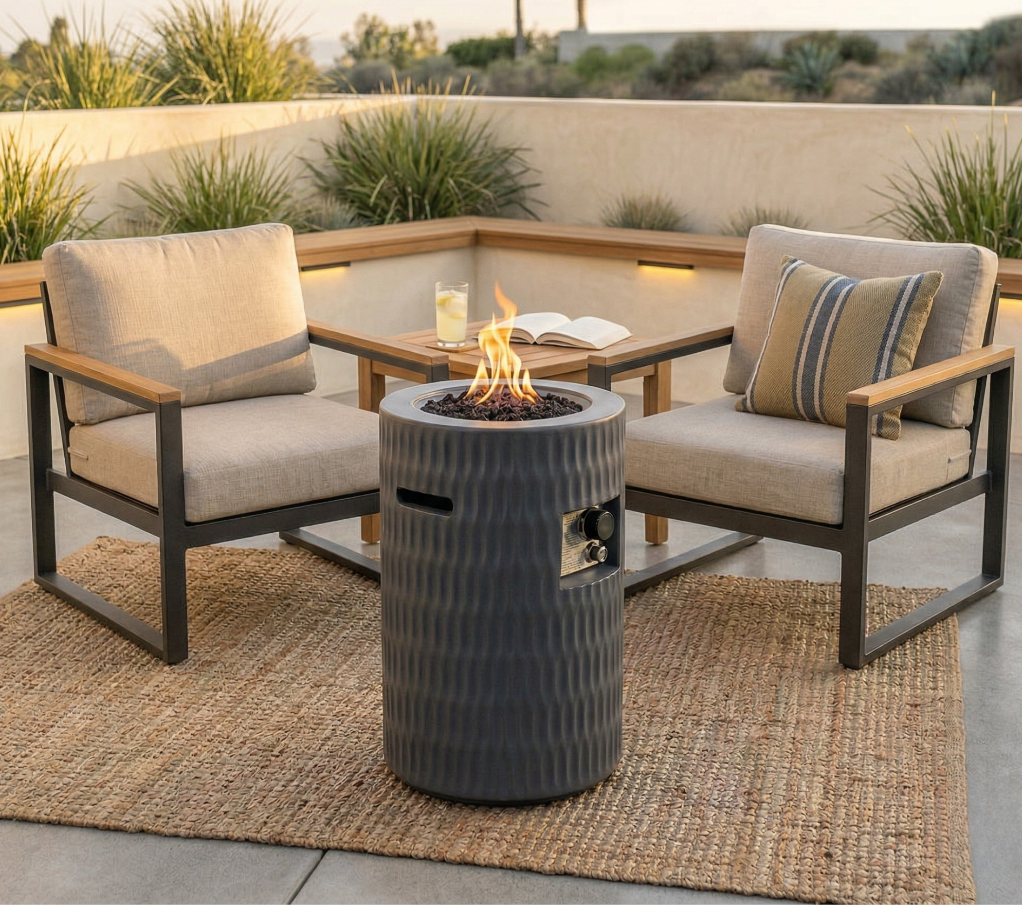 26 Propane Fire Pit Outdoor Gas Patio Fire Pit 40000 BTU Cylindrical Concrete Fire Pit With Hidden 20lb Tank Storage,Modern Textured Fire Column,Includes Lava Rocks &Waterproof Cover Dark Grey
