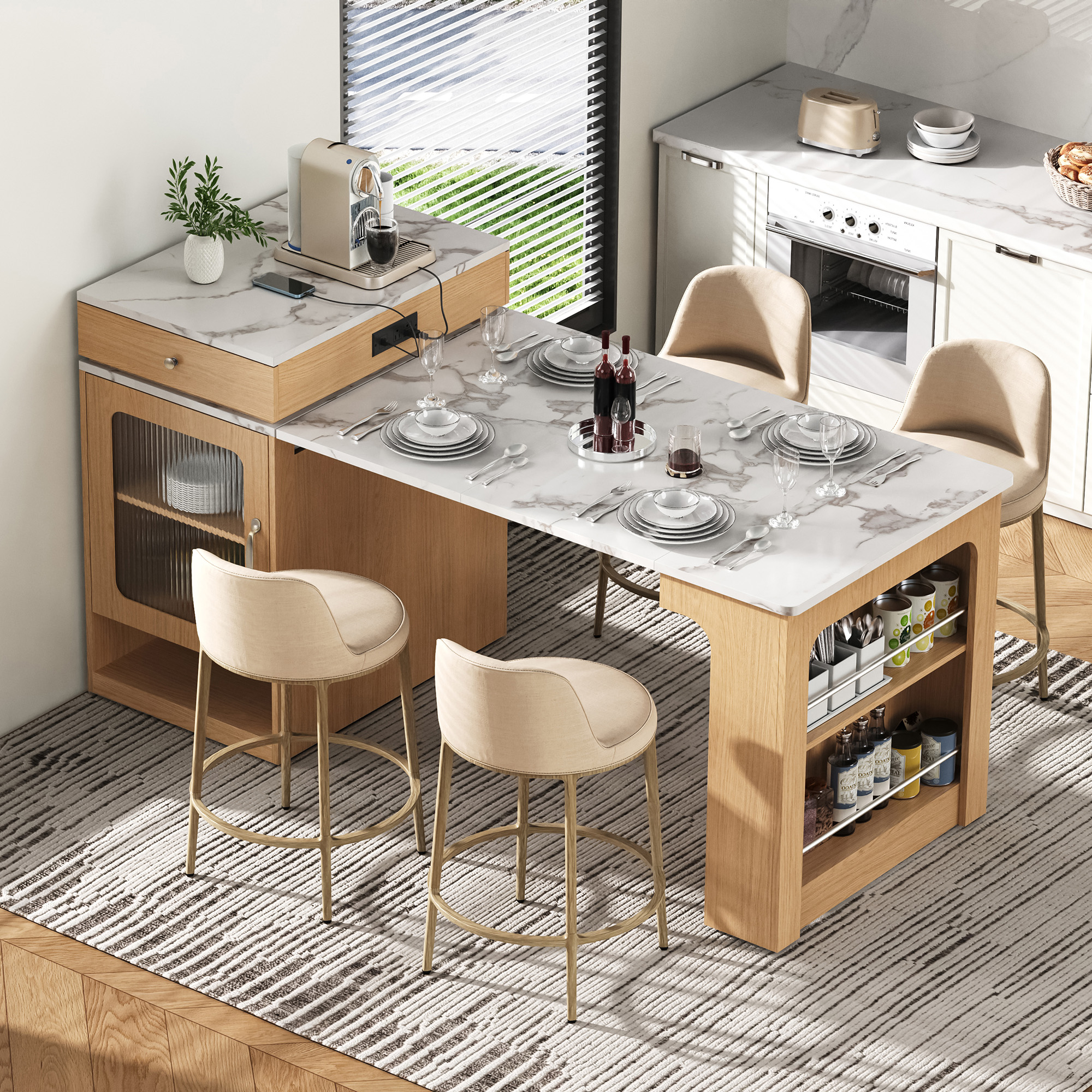 59.5 Kitchen Island With Extendable Dining Table,Kitchen Storage Table With Double-sided Storage,Kitchen Island With 2 Drawers,Power Outlet,Side Open Shelves,for Kitchen,Dining Room,Natural