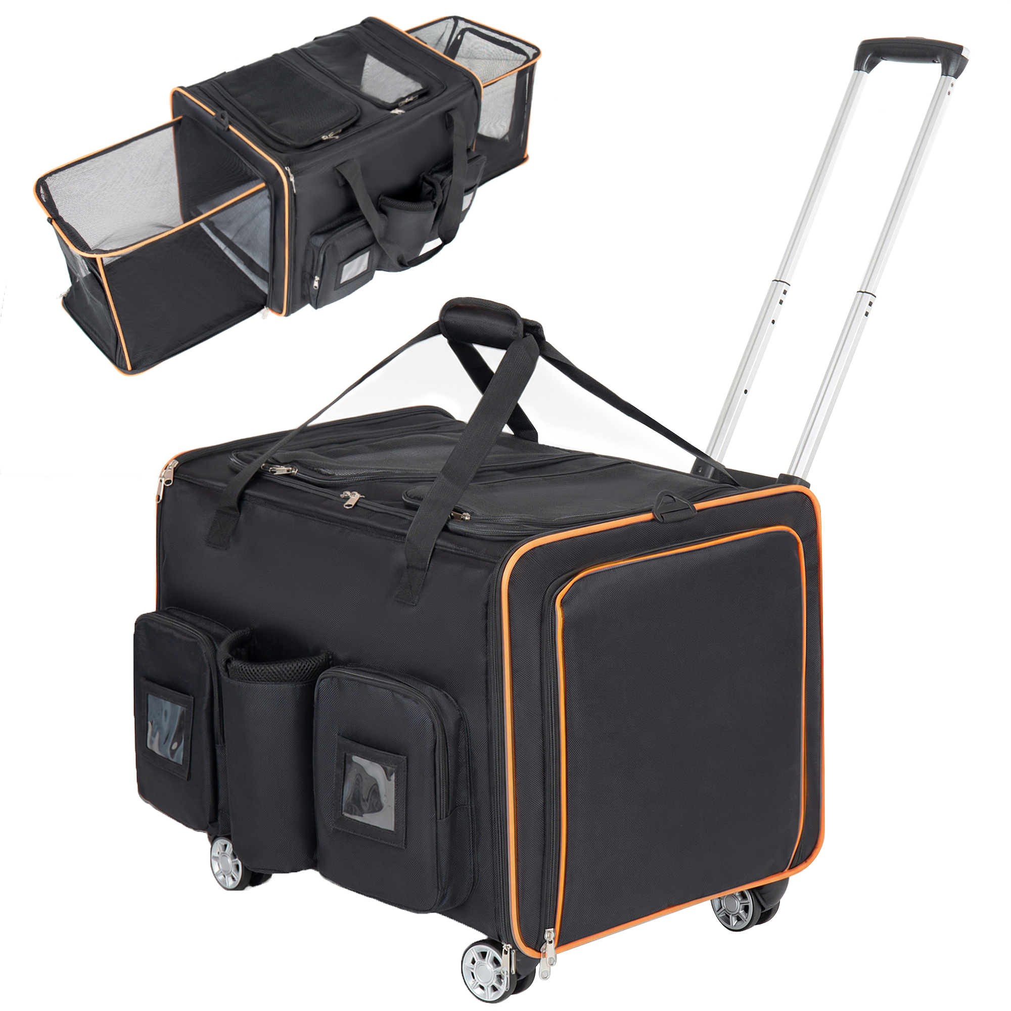 2 In 1 Large Cat Carrier For 2 Cats,Rolling Pet Carrier With Wheels,Expandable Foldable Double Pet Carrier With Removable Divider,Breathable Mesh Oxford,Cat Travel Crate For Car Camping Vet, Black
