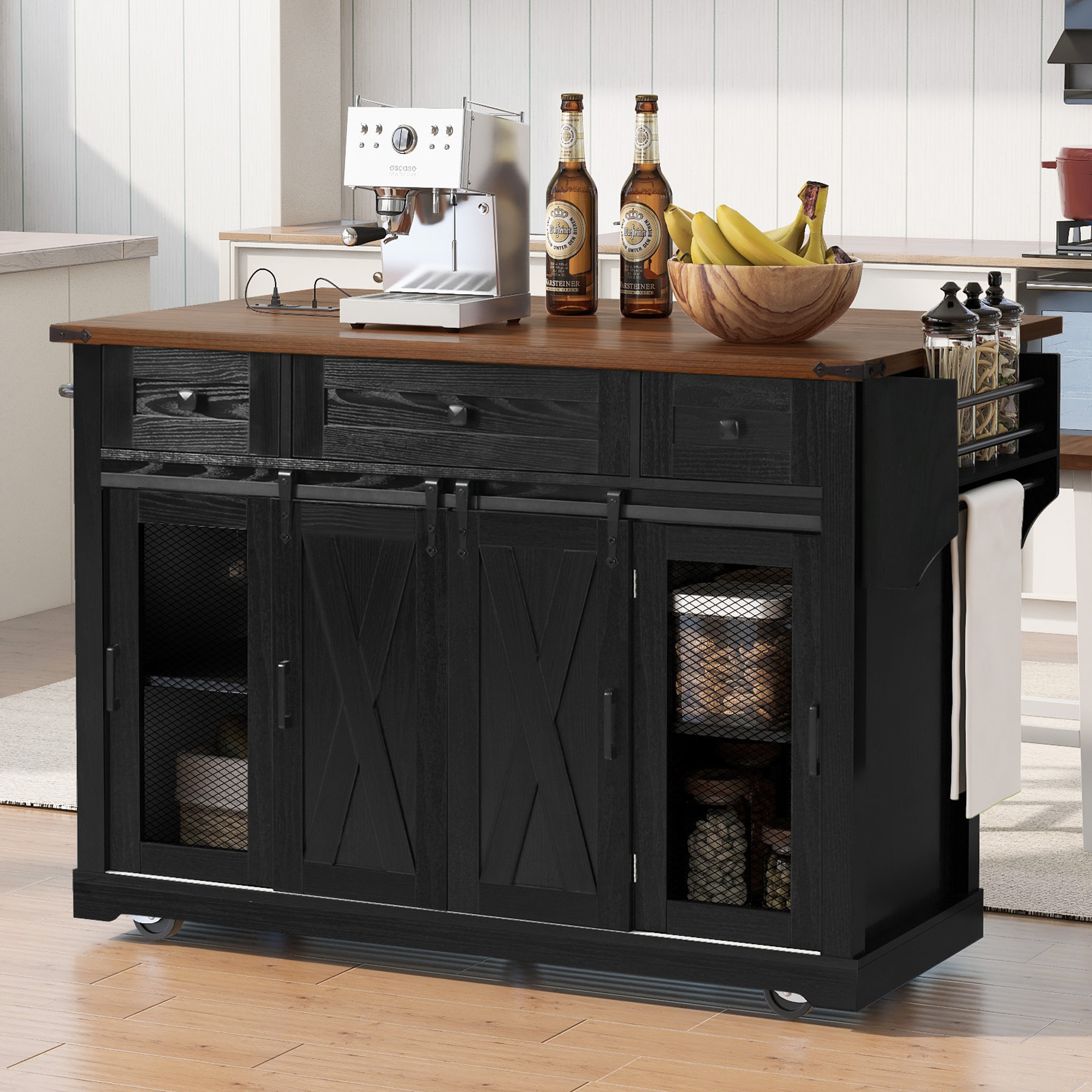 K&K 58 Farmhouse Kitchen Island With Storage,Sliding Barn Door & Metal Grid Side Door,Rolling Kitchen Island On 5 Wheels With Spice Rack, Glass Holders,Island Table With Drop Leaf For Kitchen,Black