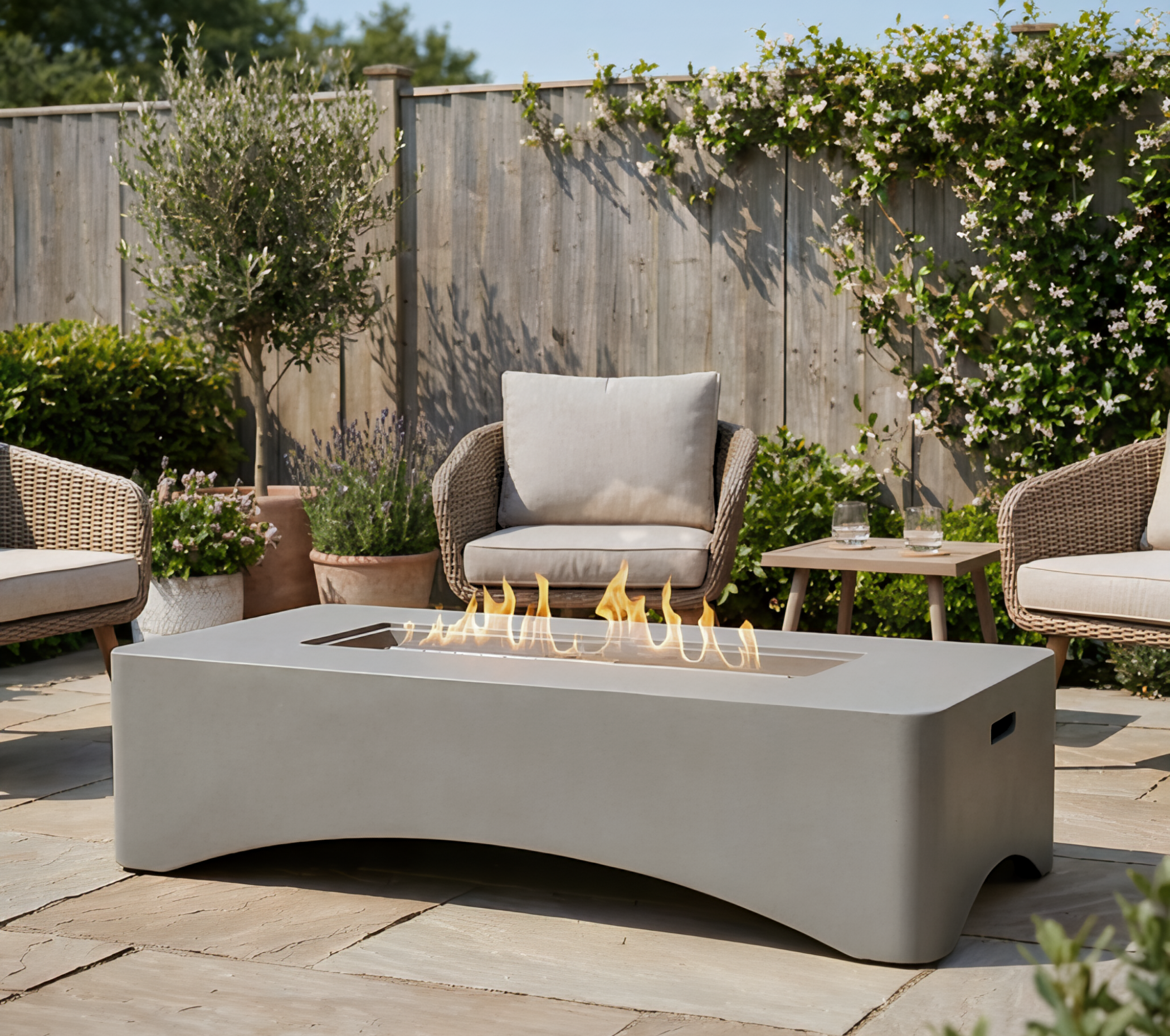 56 Propane Fire Pit Table Rectangular Outdoor Gas Fire Pit 50000 BTU Modern Minimalist Fire Table For Patio Backyard Deck,Concrete Firepit With Waterproof Cover Lava Rocks &Tank Seat Light Grey
