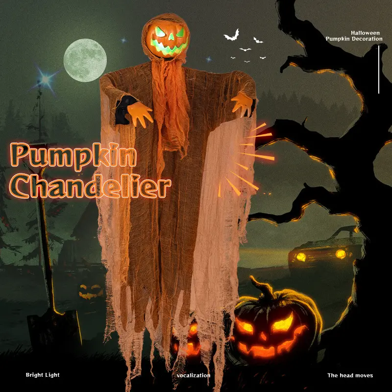 Hanging Pumpkin Ghost Decoration Green Flashing Light