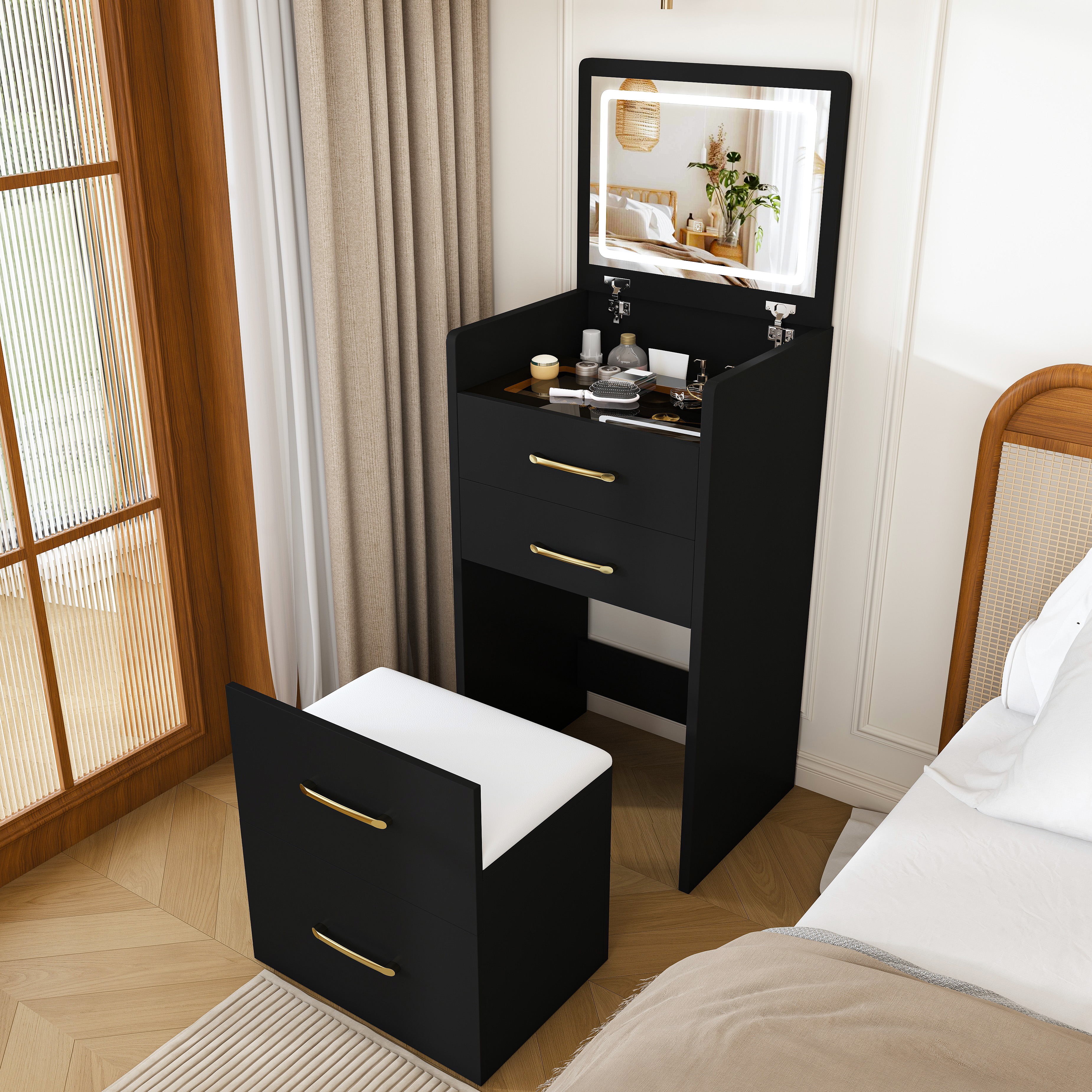 3 In 1 Vanity Desk With Open Top Mirror,Small Make Up Vanity Set With Visible Glass Desktop,Compact Makeup Vanity With 3 Drawers,Dressing Table For Bedroom  Black
