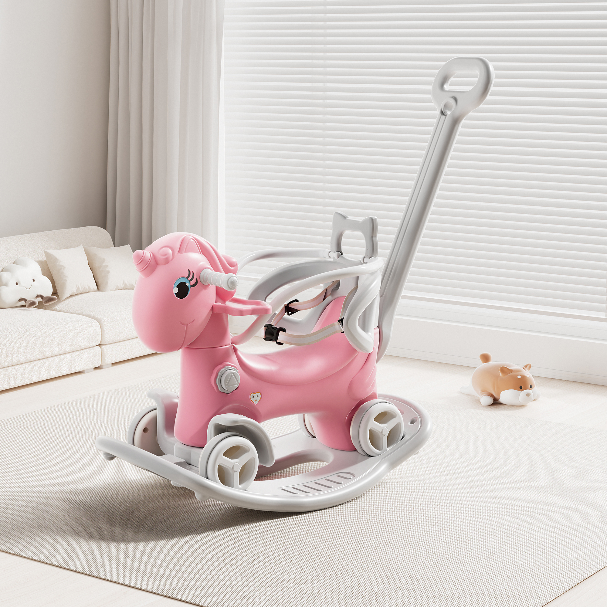 Rocking Horse For Toddlers, Balance Bike Ride On Toys With Push Handle, Backrest And Balance Board For Baby Girl And Boy, Unicorn Kids Pink Color  Old SKU W509125829