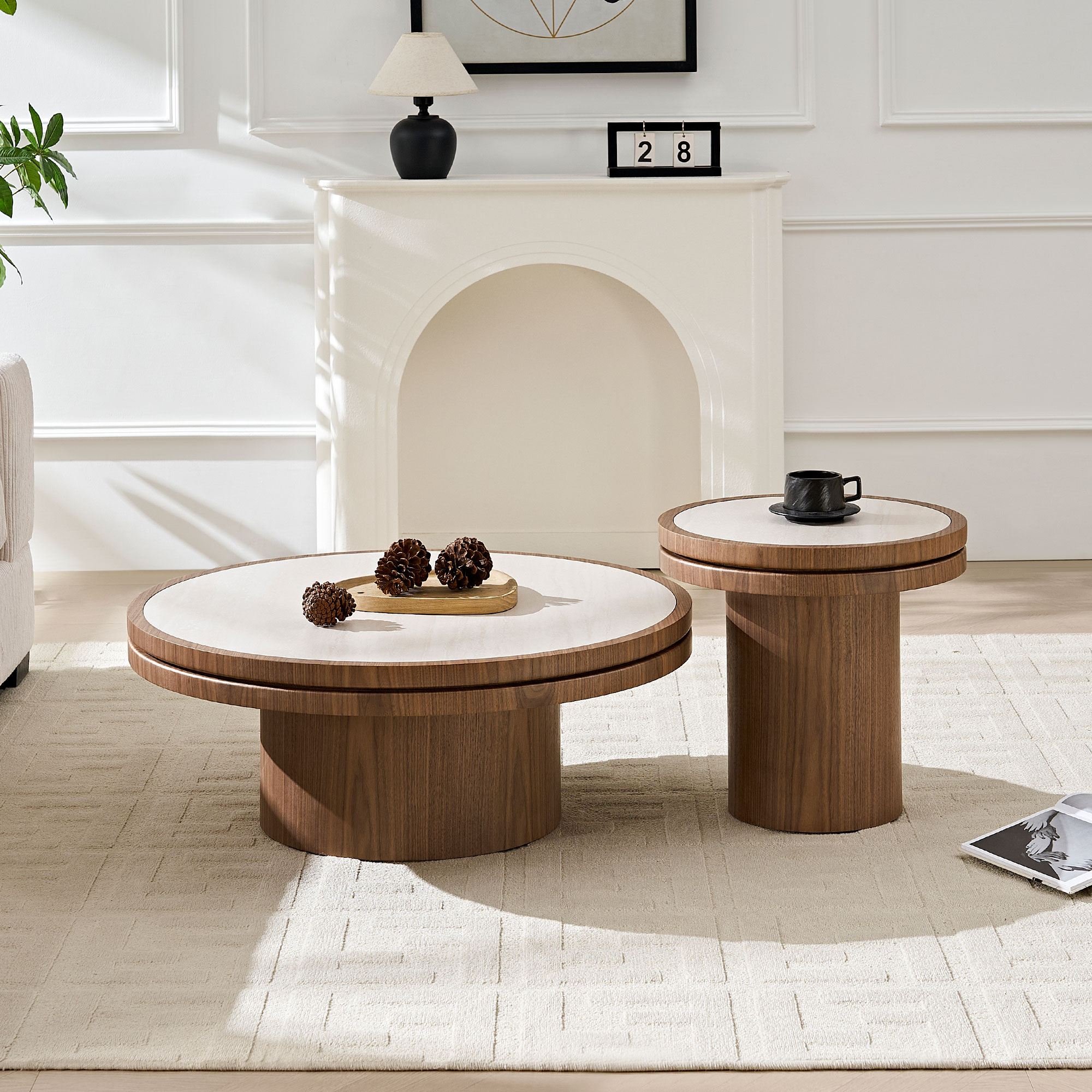 Set Of 19.49 35.43 MDF Round Coffee Table Sintered Stone Tabletop For Living Room Apartment Reception Room WALNUT