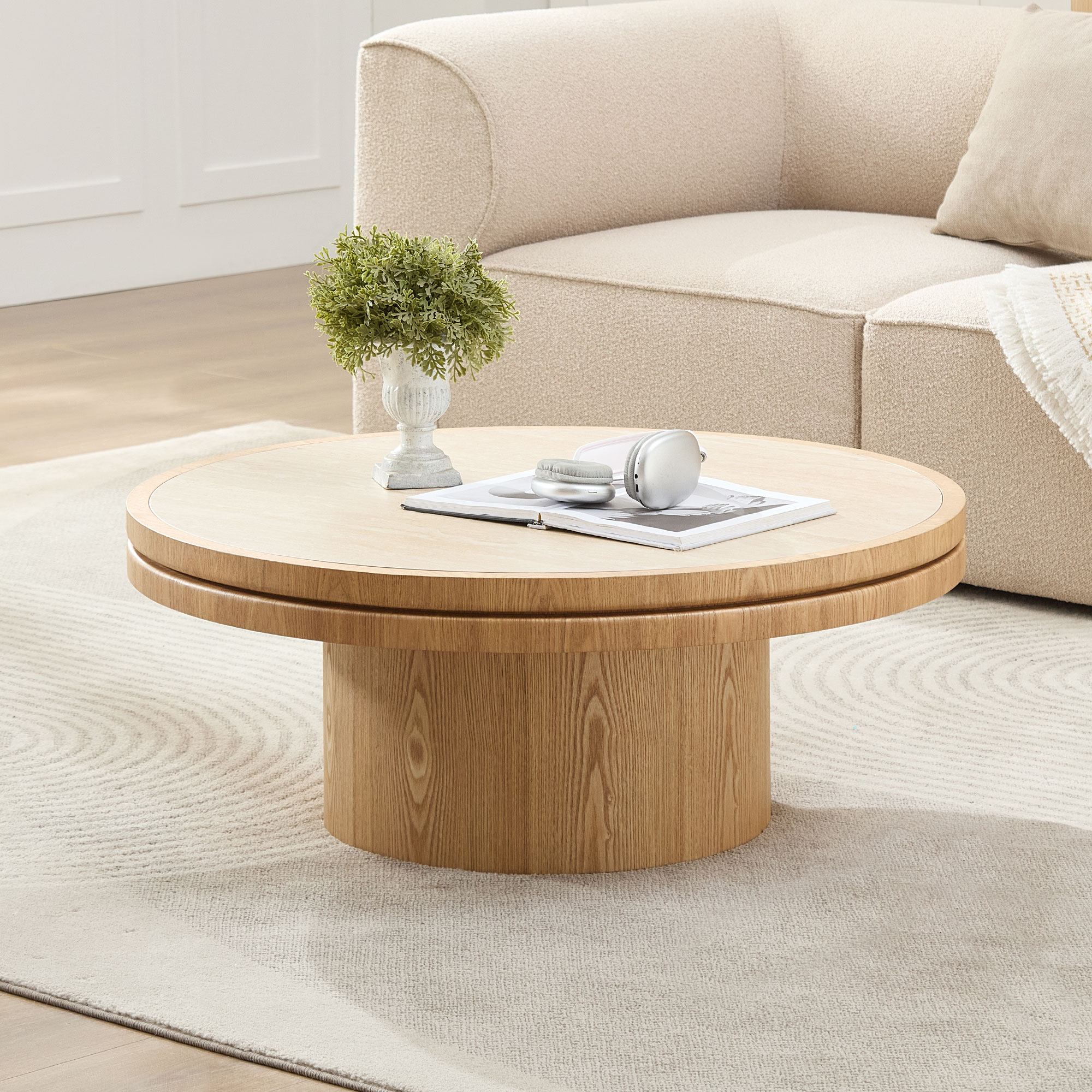 35.43 Inch Coffee Table Sintered Stone Tabletop With Sturdy MDF Pedestal For Living Room Bedroom, Reception Room Apartment Easy Assembly