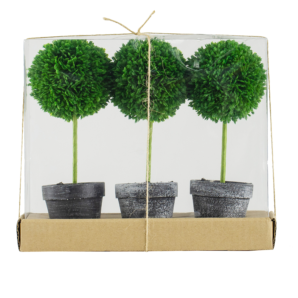 S 3 D3.5x9.5 Mini Faux Potted Boxwood Topiaries