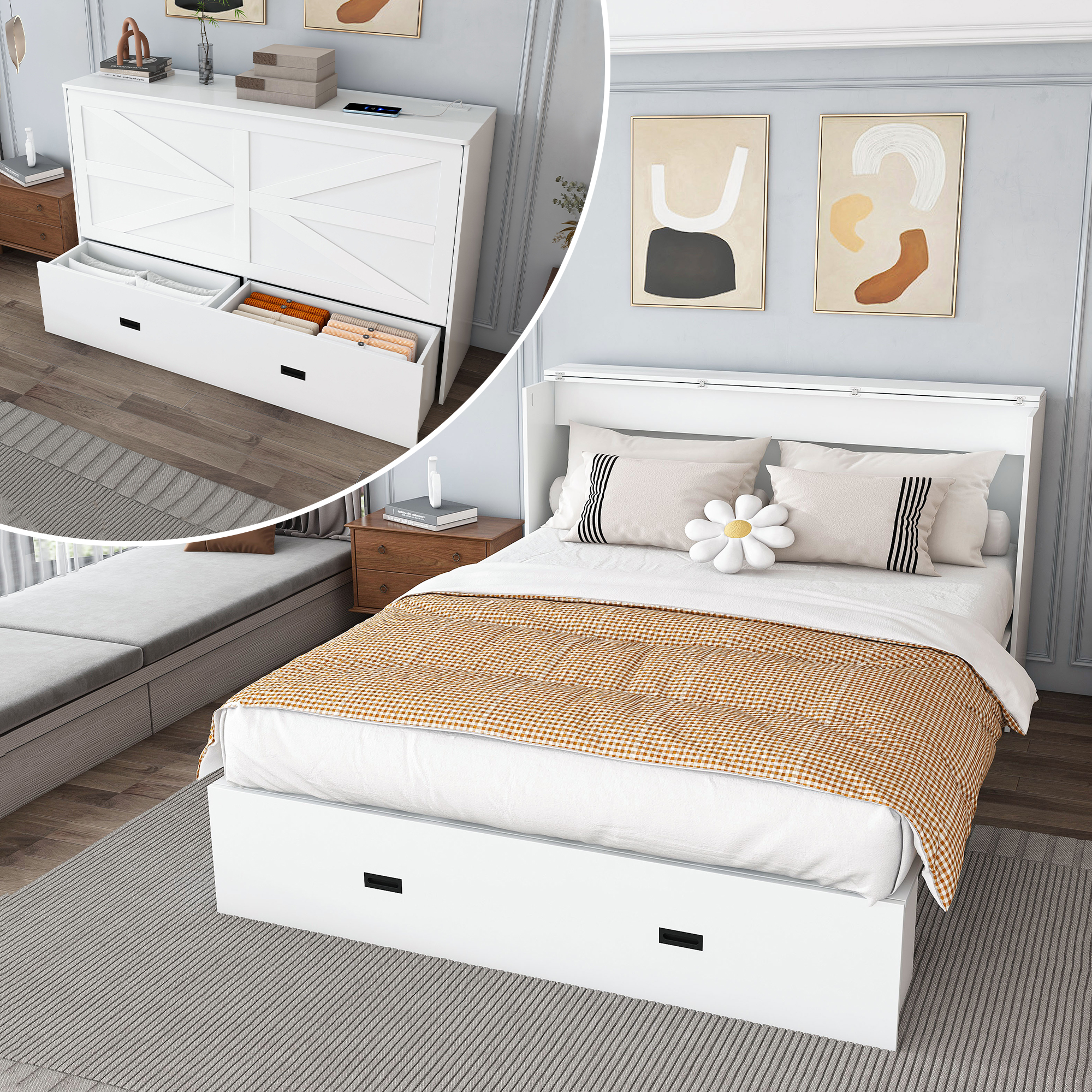 57 Inches Murphy Bed, With Storage Drawers And Charging Cabinet, With Foldable Panels, With Swivel Wheels, Noise-free, Suitable For Guest Rooms, Living Rooms And Offices,white Old Sku W509S00155