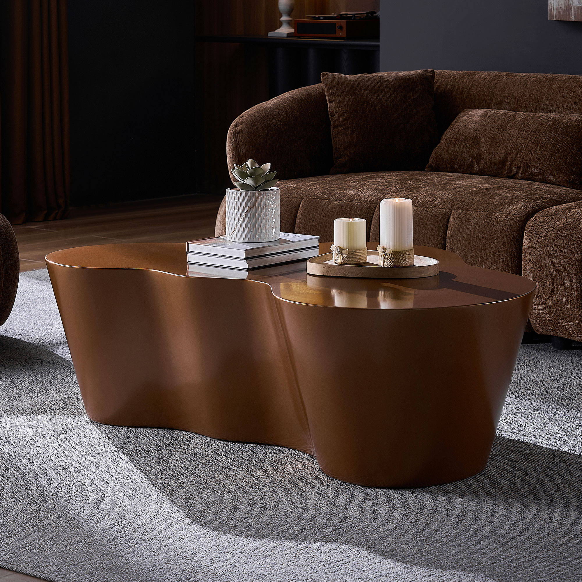 50 Inch Unique Shape Coffee Table Sturdy Fiberglass Tea Table For Living Room No Need Assembly BROWN