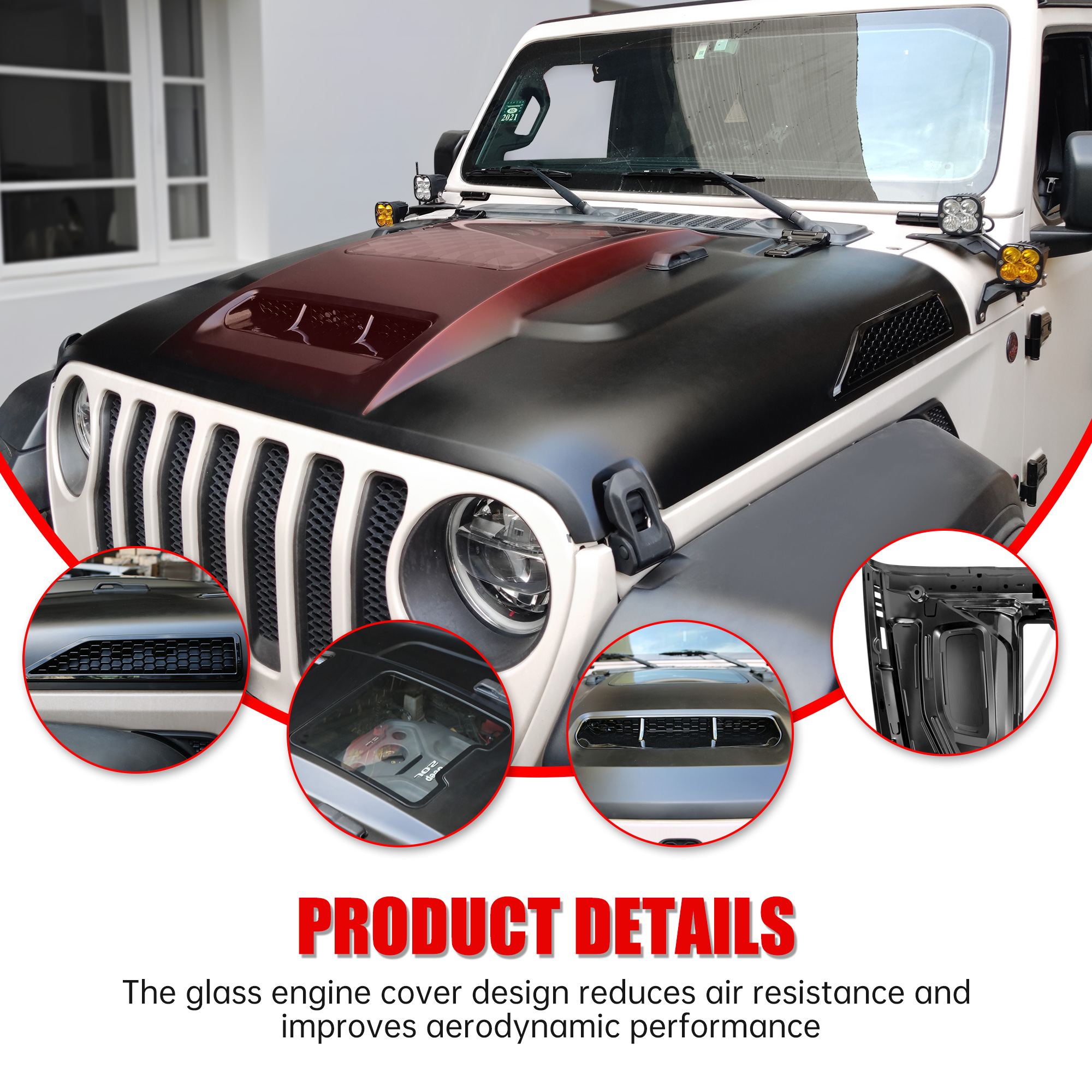 Space-Capsule Style Hood Heat Dispersion Hood Compatible With 2018-2026  Wrangler JL JLU & 2020-2026 Gladiator JT Replacement Hood Not For Mojave&392 Model