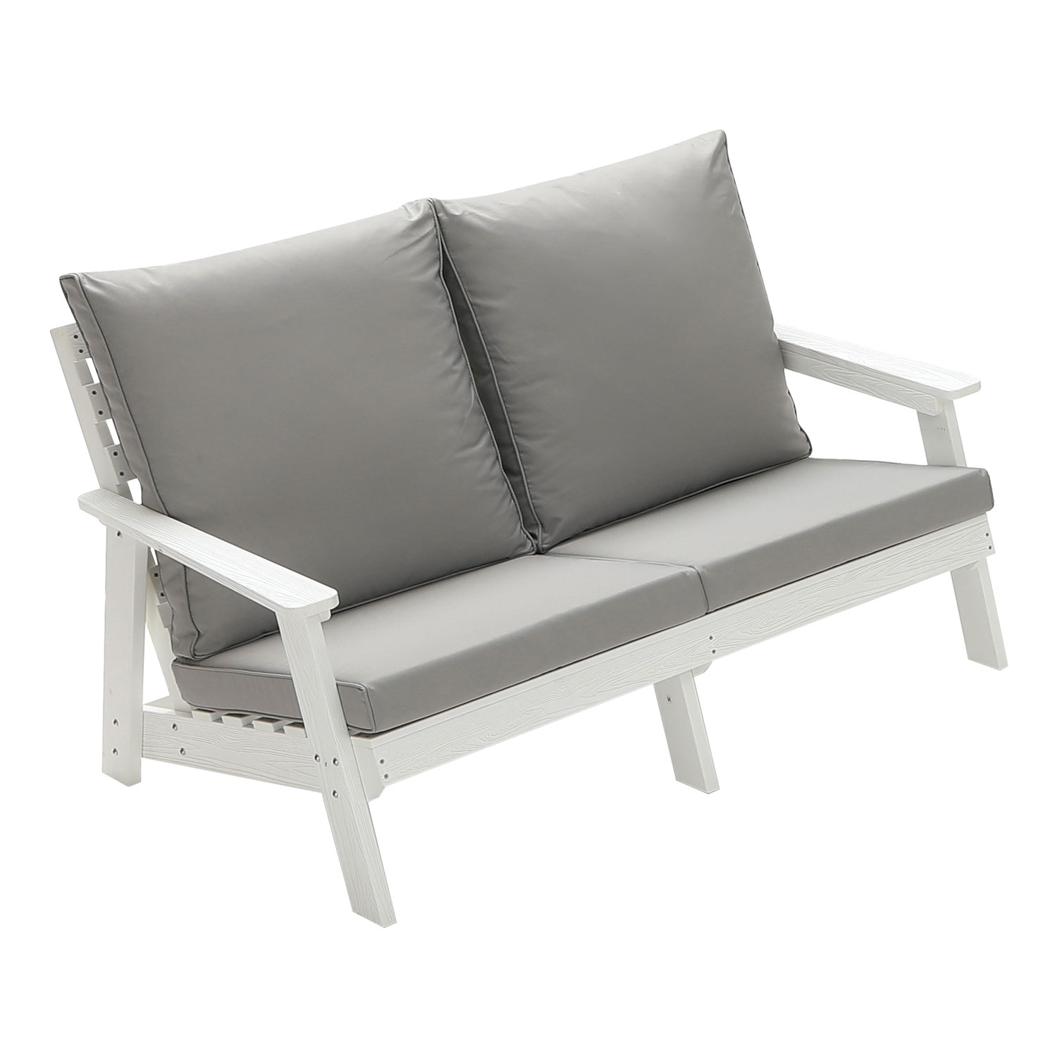 HIPS Loveseat With Cushion, Wood Grain Outdoor Garden Sofa,White Grey