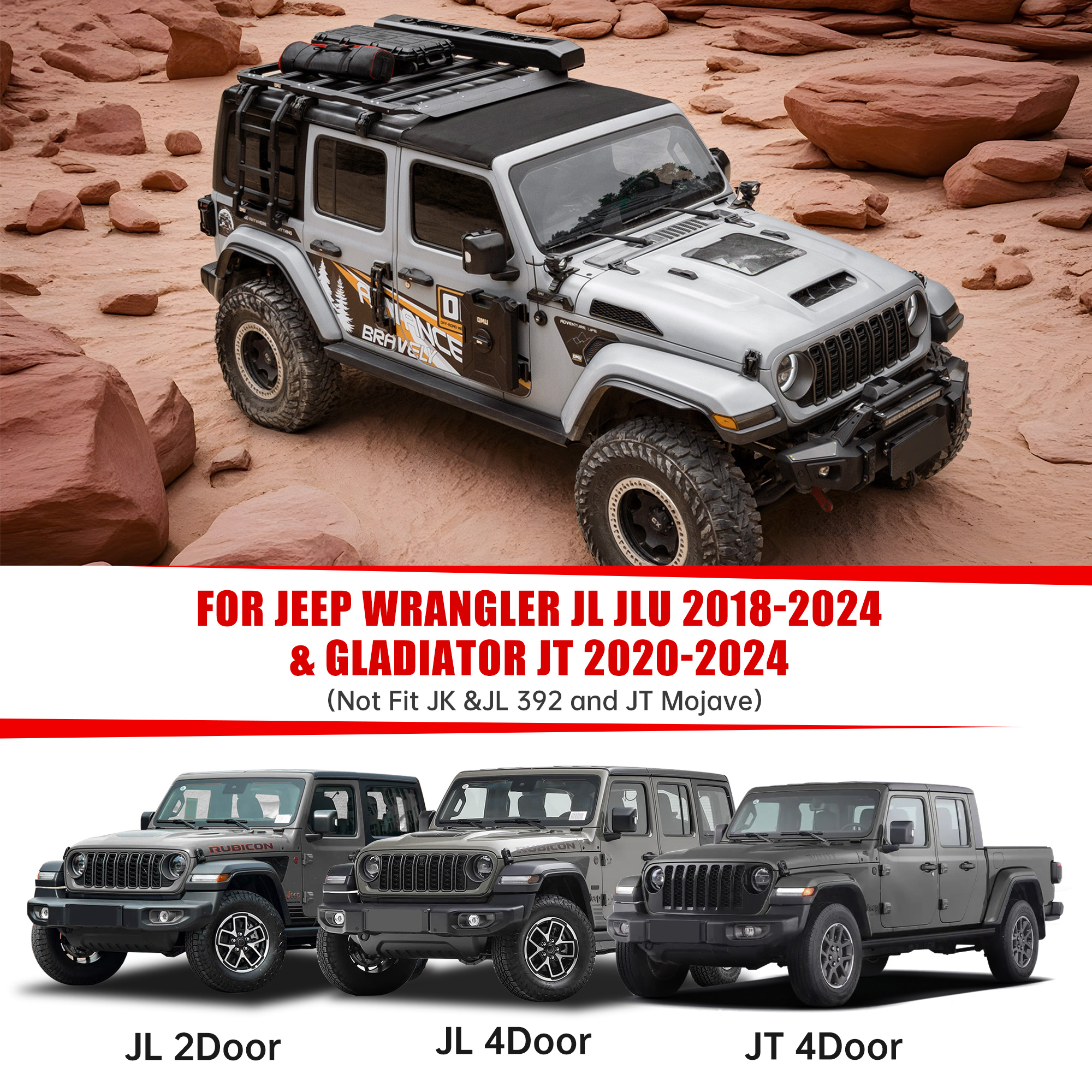 Space-Capsule Style Hood Heat Dispersion Hood Compatible With 2018-2026  Wrangler JL JLU & 2020-2026 Gladiator JT Replacement Hood Not For Mojave&392 Model