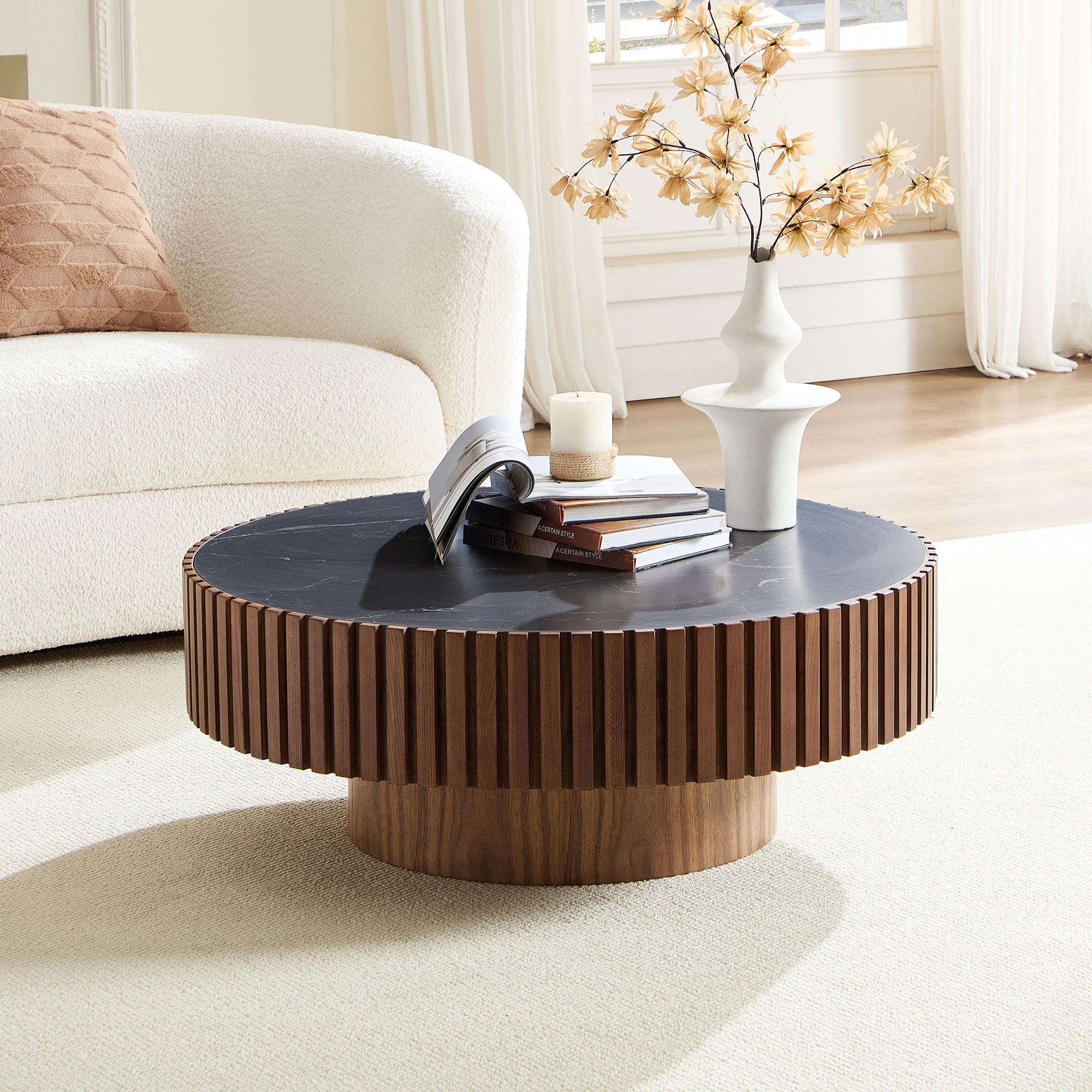 35.43 Nesting Round Sintered Stone Tabletop Modern Drum Coffee Table Luxury Circle Coffee Table For Apartment Walnut