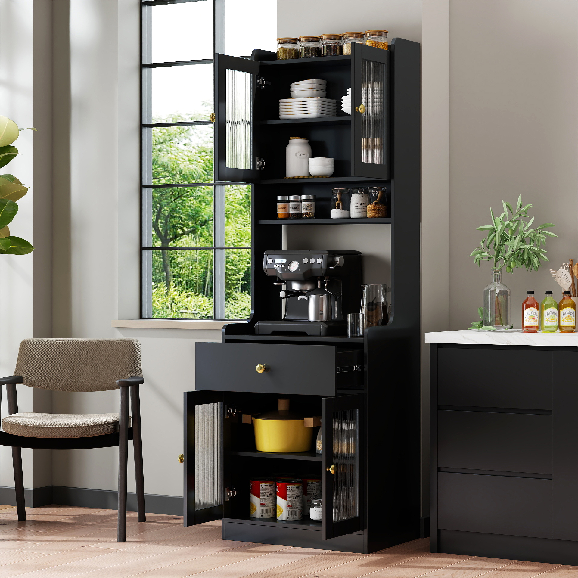 Black Kitchen Pantry Hutch Storage Cabinet, Farmhouse Kitchen Hutch Buffet Cabinet With Microwave Stand, Freestanding Buffet Sideboard Coffee Bar Cabinet