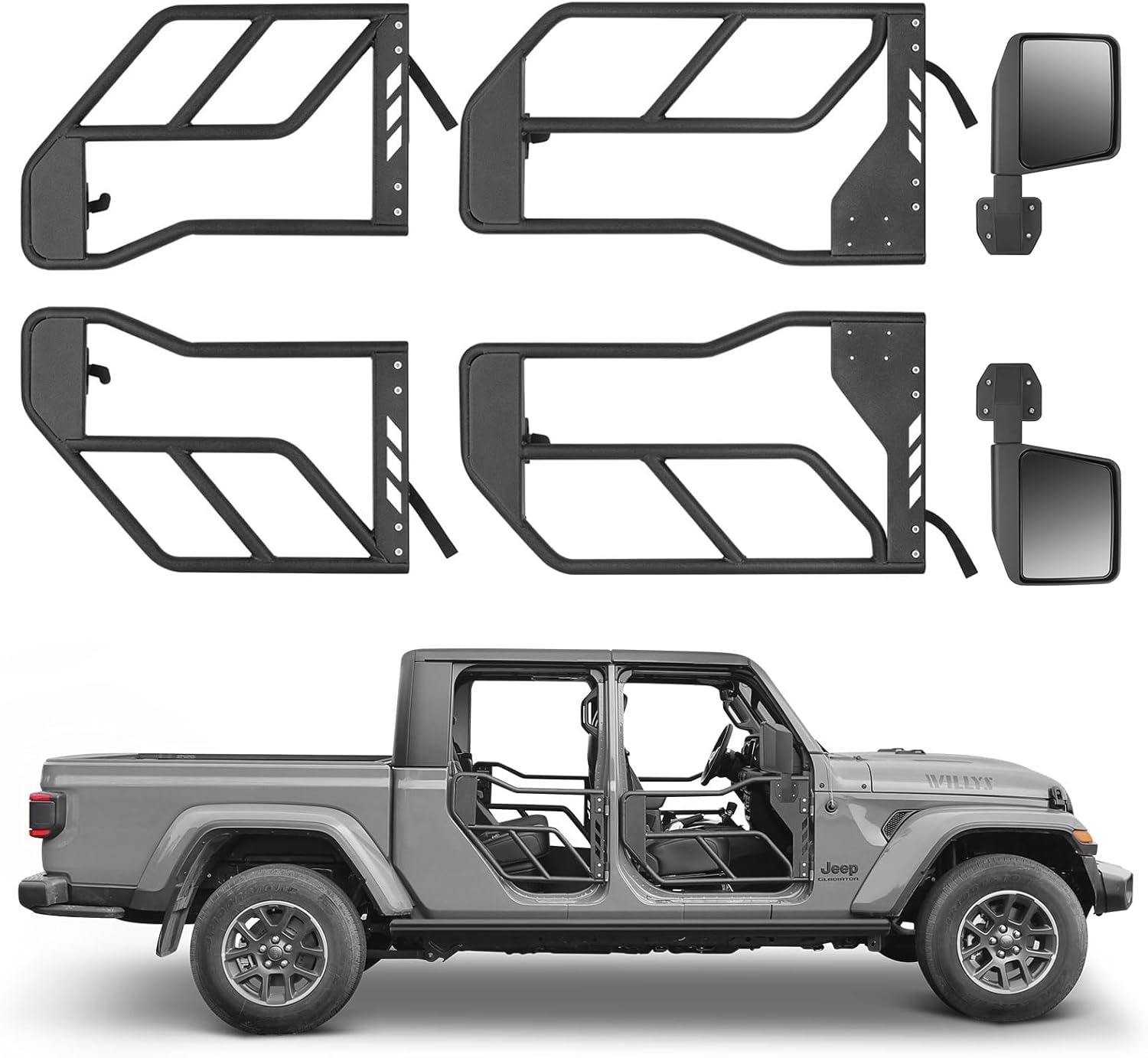 Tube Doors With Side View Mirror For 2018-2026 Je-ep Wrangler JL JLU & Gladiator JT 4-Doors Includes 4XE 4-piece Set Off Road Summer Trail Adventure