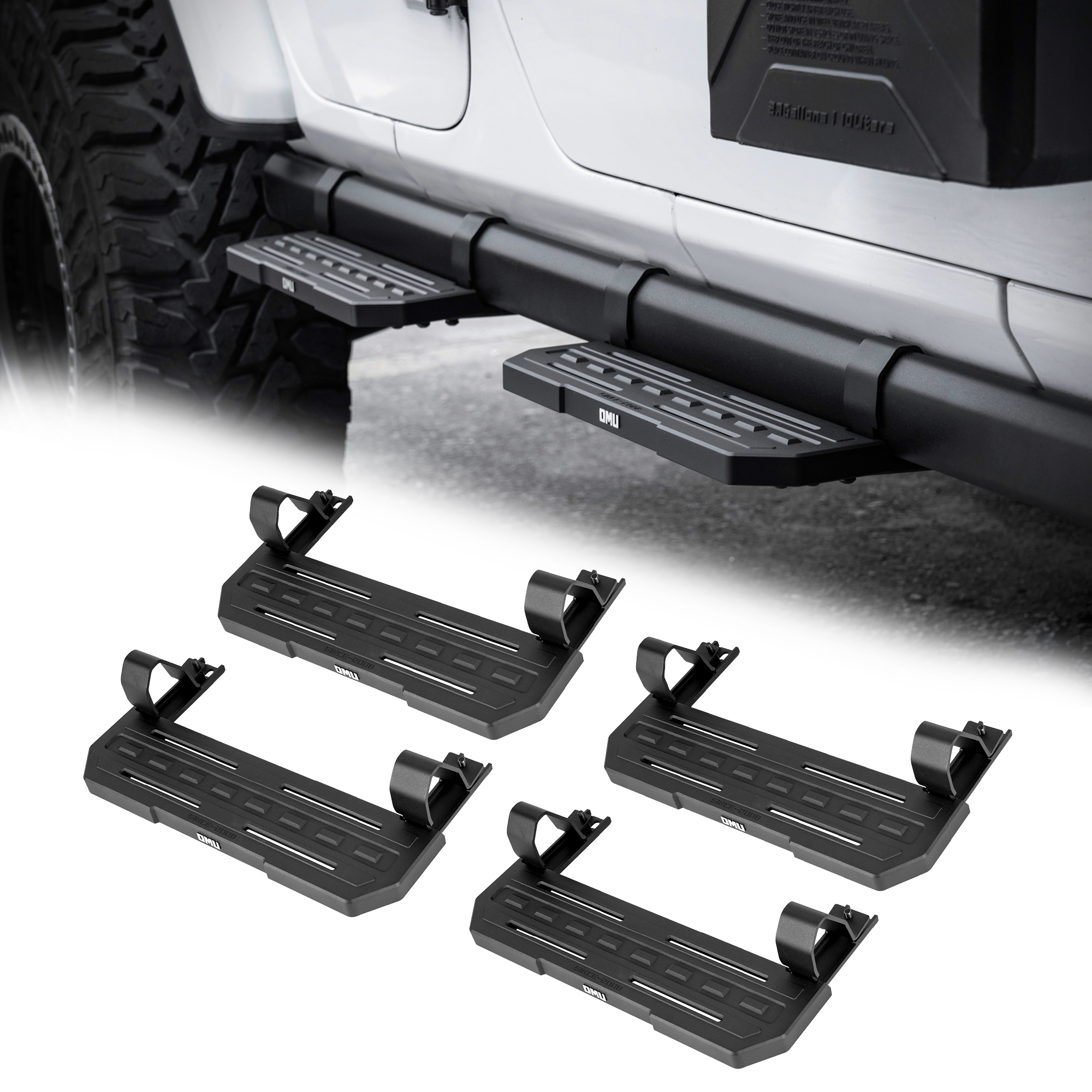 OMU 4Pcs Running Boards Side Steps Compatible With 2018 Je-ep Wrangler JL 4 Doors With OEM Rock Rails Aluminum Non-Slip Step Pads For Factory Rock Sliders