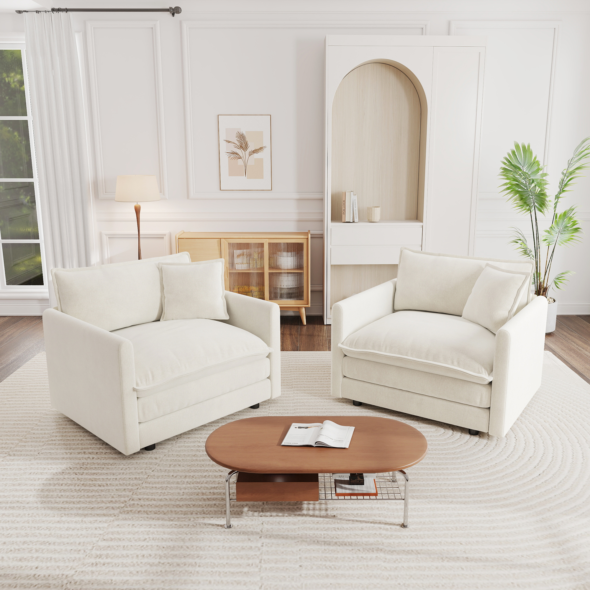 Accent Chair Set Of 2, High-end Chenille Upholstered Armchairs, Living Room Side Chairs With Toss Pillow, White